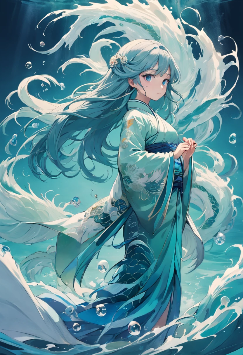 ((Masterpiece,Best quality)),(Negative space:1.2),(1girll, Solo:1.4),美丽细致的眼睛,floated hair,Under the water,Bubble fish,Fluorescence,Turtlen,sea weed,Water made up of girls,Gorgeous Chinese costumes,clean backdrop,National tide wind,clouds,wave,Eau,wave,Water Technique,1girll,Flying long hair,florals,An oriental dragon composed of water,Cyan and white,Works of masters,HighestQuali,high detal,8K