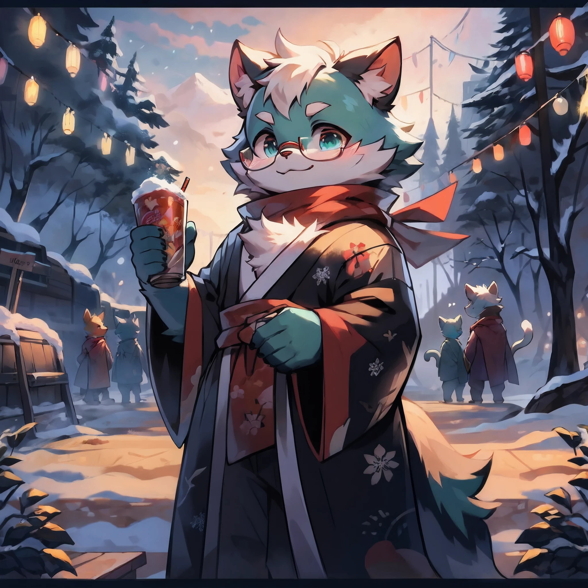 a fully grown and mature and aged adult cat with big circle glasses and a red scarf, the cat is very tall. a handsome cat fursona with teal fur color, the chest has white fur, white fur around mouth and cheeks, white hair, fluffy black cat ears, fluffy white neck, he is standing tall in a snowy place, looking up to the snowy sky with a bright smile. snowy landscape. bushy tail, and perked-up fluffy big ears, one ear is lowered. He wears a fluffy warm and cozy kimono, he is holding a warm cup of cacao in one hand and snacks in his other hand. he is walking through an alley full of vendors during a fireworks festival. His eyes are bright with wonder as he surveys the snowy woods outside the cabin, a lot of snowflakes fall down from the sky. The fully grown and mature and tall adult cat has a relaxed expression, ready to explore the outside world. the cat is tall. big trees covered by snow in the background, there are colorful fireworks in the snowy sky, there are steep and tall mountains in the background covered in snow, there are wooden houses in the background, It is sunset time and the perspective of view is zoomed out, with extremely detailed background