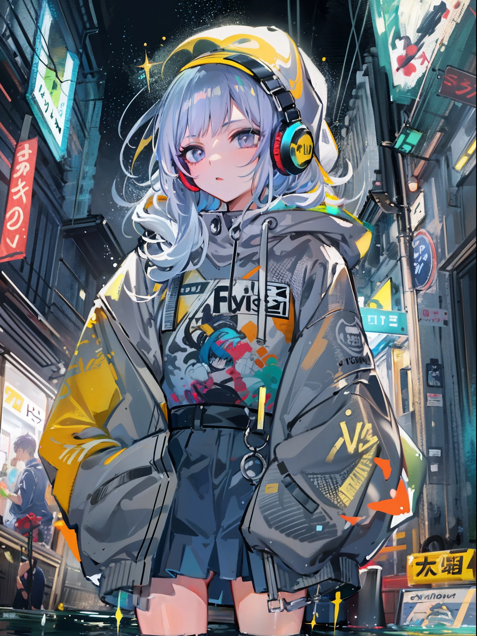 masterpiece, girl alone, solo, incredibly absurd, hoodie, headphones, street, outdoor, rain, neon,