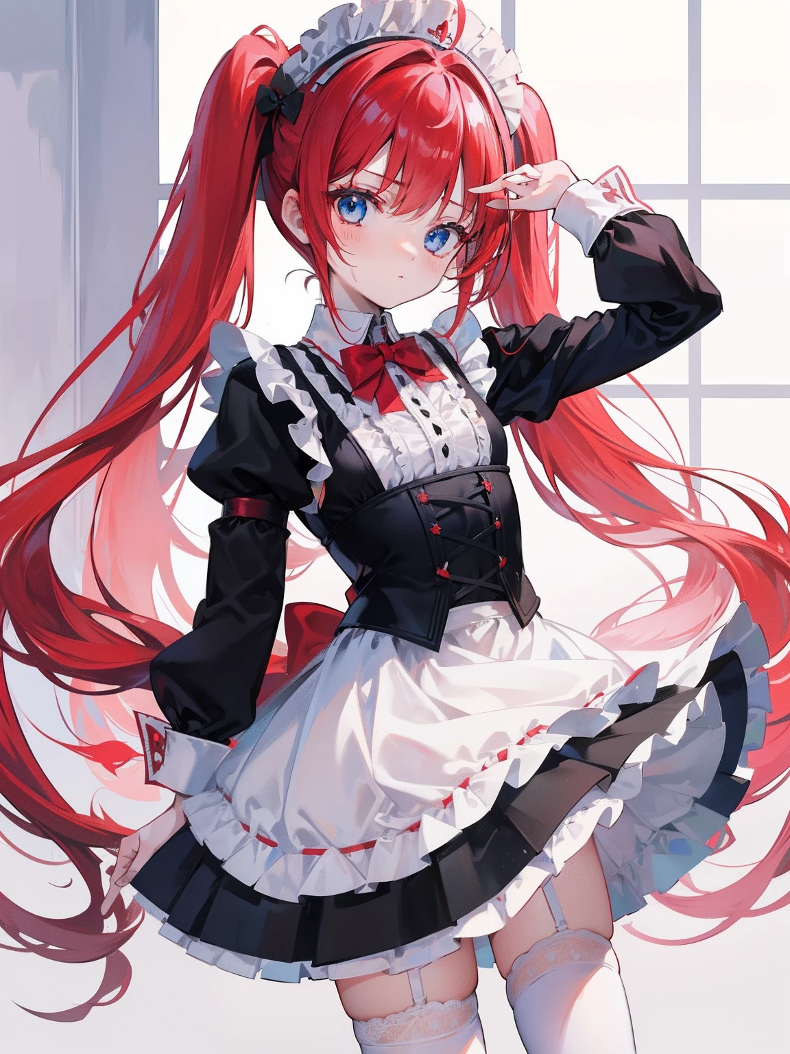 red hair,blue eyes,twintails,maid, long hair, long sleeves, gothic, solo, loli,Short skirt, white stockings,{{best quality}}, {{masterpiece}}, {{ultra-detailed}}, {illustration}, {detailed light}, {an extremely delicate and beautiful},little girl,cute,