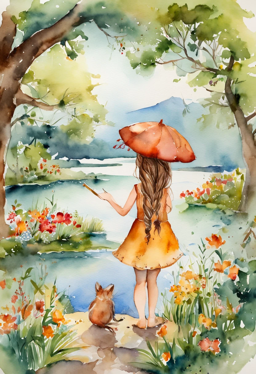 Uma menina na beira de um lago lendo um livro. Other books are around. Tem arvores e flores ao redor da margem.
