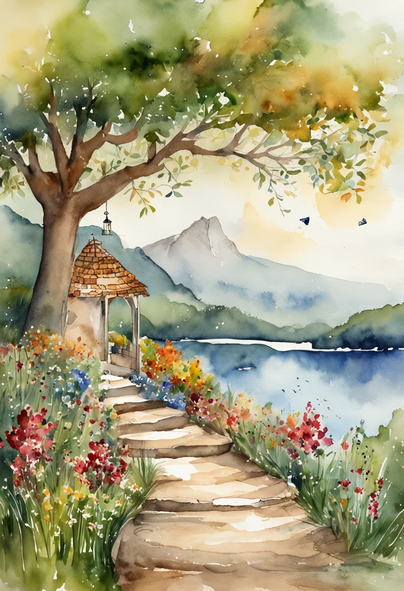 Uma menina na beira de um lago lendo um livro. Other books are around. Tem arvores e flores ao redor da margem.