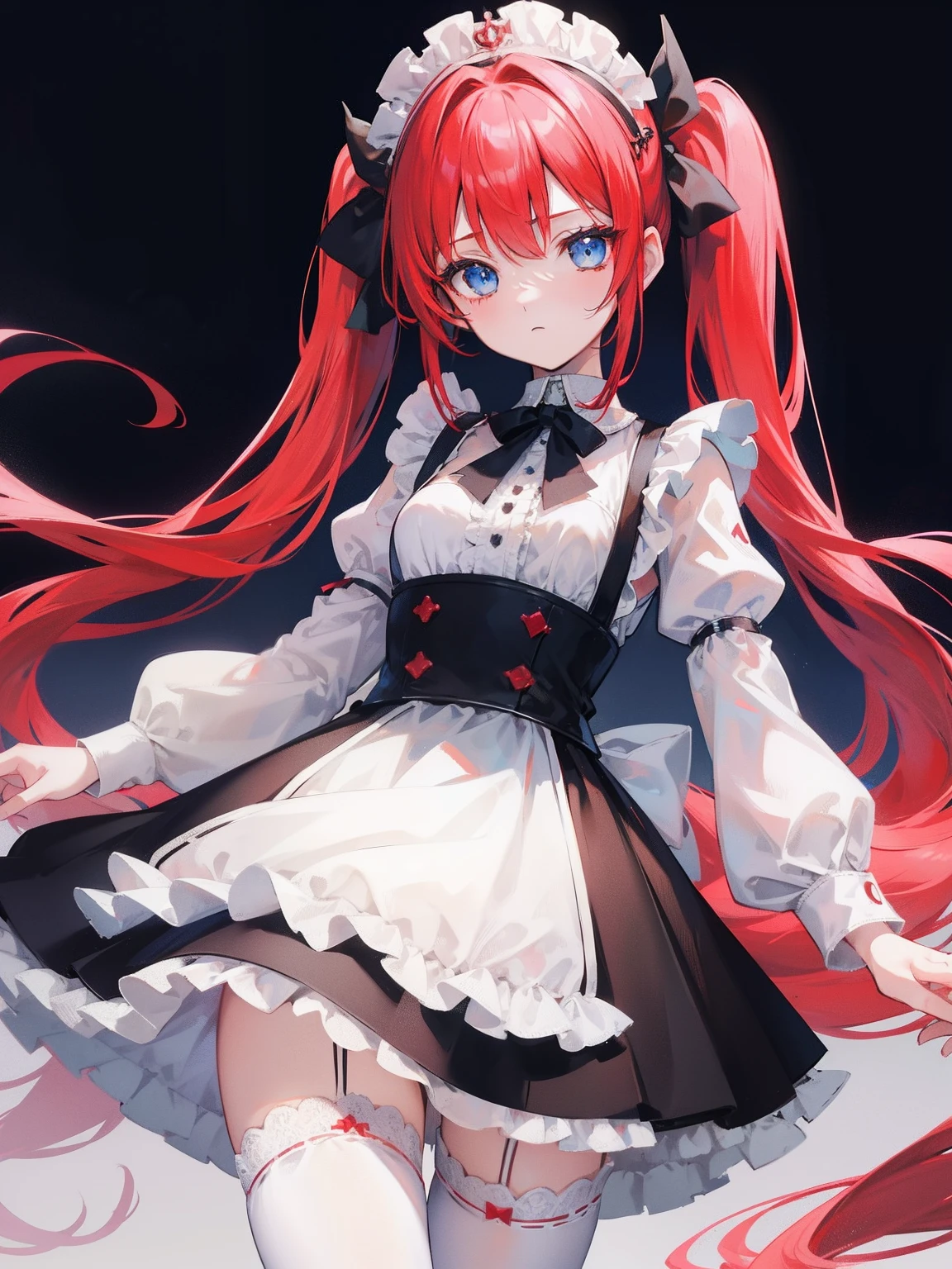 red hair,blue eyes,twintails,maid, long hair, long sleeves, gothic, solo, loli,Short skirt, white stockings,{{best quality}}, {{masterpiece}}, {{ultra-detailed}}, {illustration}, {detailed light}, {an extremely delicate and beautiful},little girl,cute,dragon horns