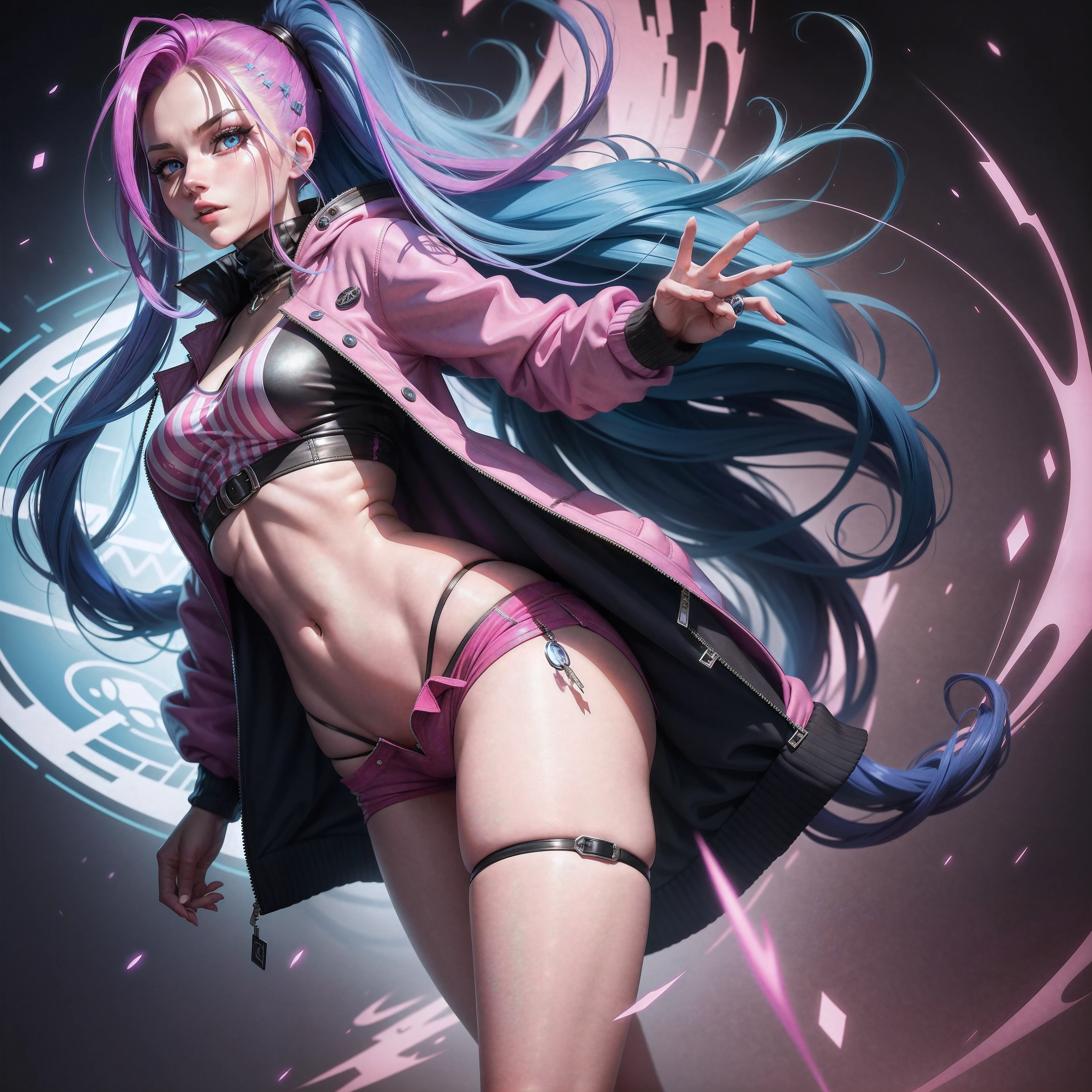 Jinx from Arcane tv show, long bright blue hair, flowing hair, bright pink irises, longer shorts, sweater jacket