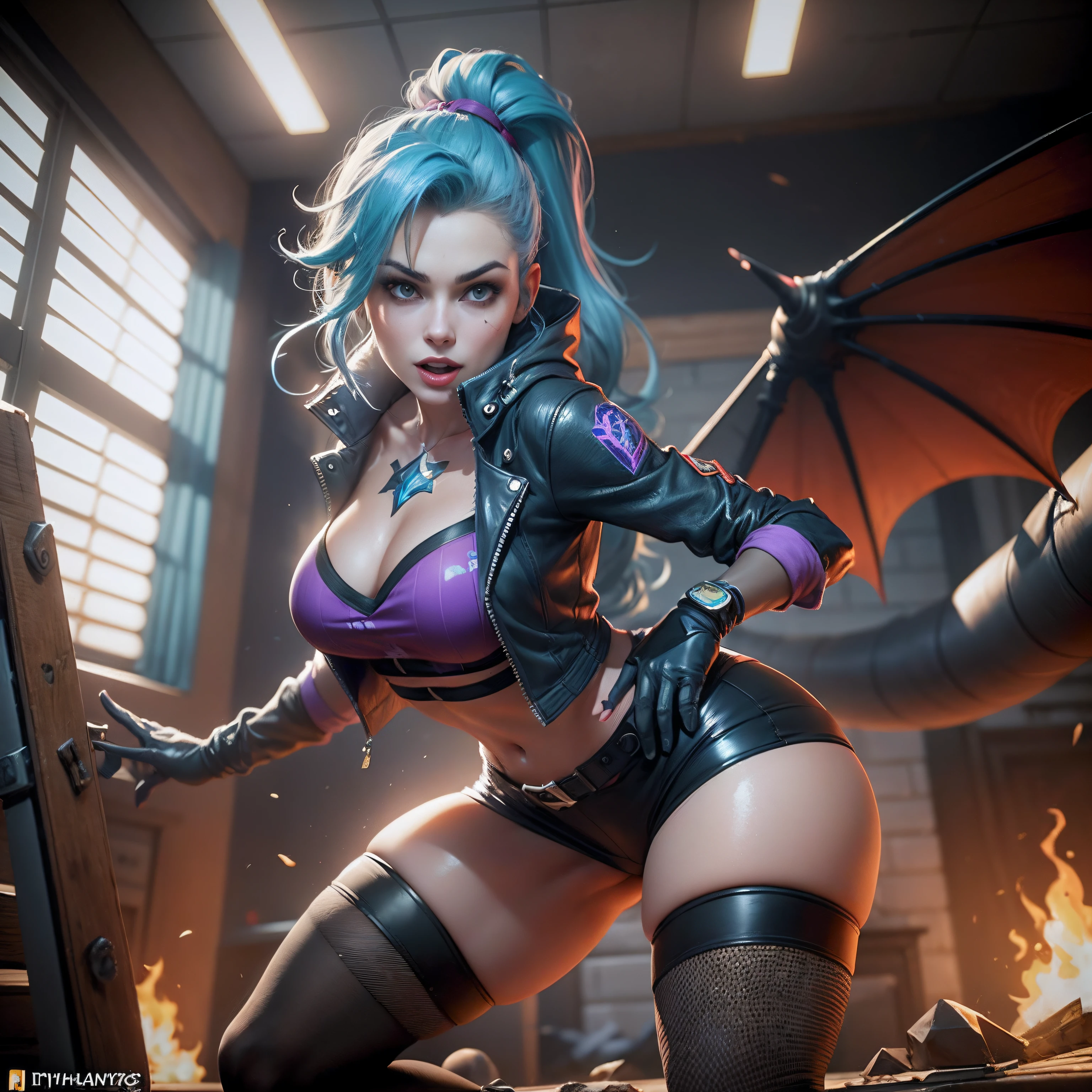 ((best qualtiy)), ((tmasterpiece)), (the detail:1.4),hdr（HighDynamicRange）,Ray traching，a beautiful  woman，Hold the gun in both hands,squating，Shoot forward with both hands，blue hairs，pony tails，Happy expression，Purple coat，Jinx，Colored stockings，style of league of legends，as a fortnite character, 3 d render of jerma 9 8 5, Realistic fortnite, jurassic image, starfinder character, sfm render, Fortnite characters,