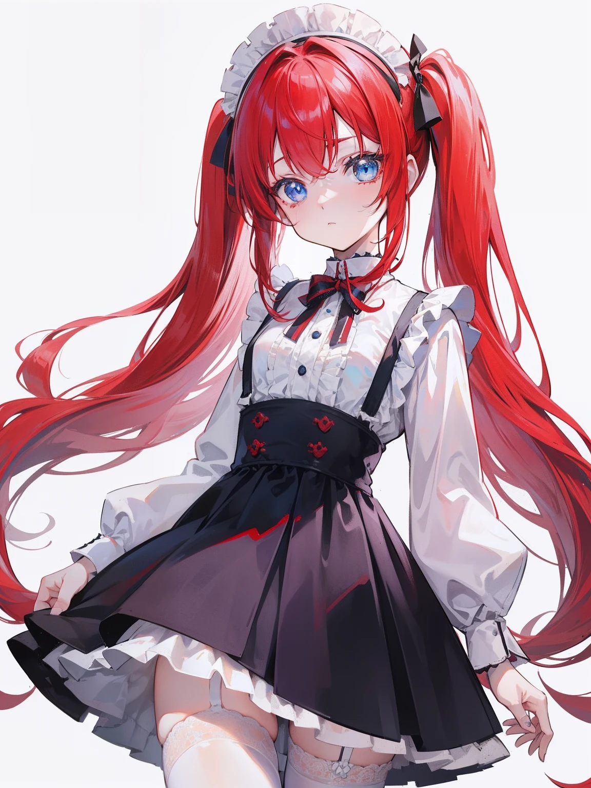 red hair,blue eyes,twintails,maid, long hair, long sleeves, gothic, solo, ,Short skirt, white stockings,{{best quality}}, {{masterpiece}}, {{ultra-detailed}}, {illustration}, {detailed light}, {an extremely delicate and beautiful},litte,dragon horns
