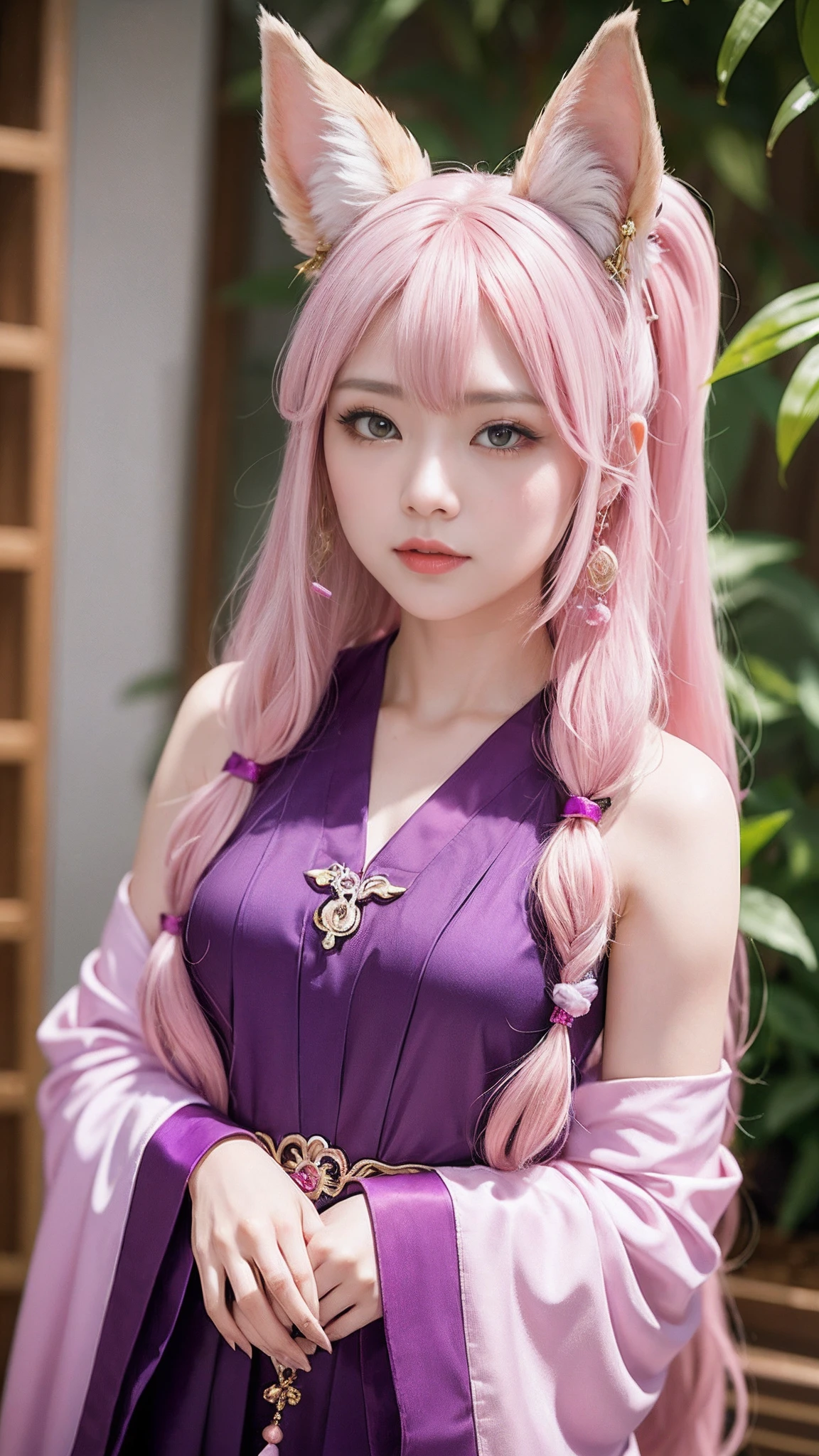 (Highest quality, 16K, masterpiece:1.55), Ultra detailed face, Detailed lips, Detailed eyes, double eyelid,
BREAK smile, upper body, (Seductive pose:1.6), (high angle shot, dutch angle, dynamic angle:1.5),
BREAK 1girl, 20 years old, (large Breasts:1.2), Svelte Body, (big hips:1.2), ponytail,
BREAK lacus clyne, (purple eyes:1.1), hair ornament, long hair, wave hair ornament, (light pink hair:1.2),
BREAK (((Golden hair ornament))),
BREAK (No sleeve, black and purple and pink intricate pattern Japanese kunoichi costume:1.3),Sleeveless,
BREAK outdoor, road,, shrinebackground,
