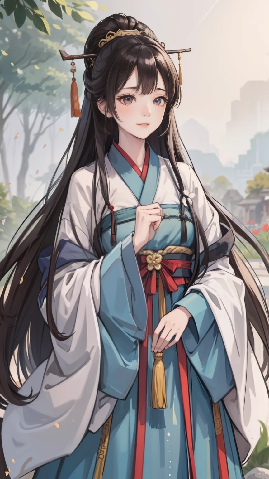 "the Extremely Detailed CG Unity 8K Wallpapers,tmasterpiece,Best picture quality,【😊Colored Forest,depth of fields,A large number of splashed droplets:1.2,petals,Toys surround,ventania,Foliage,grassy fields,volumettic light】brunette color hair,chineseidol,Be red in the face,Hanfu,ssmile,Half of your body is in water,Chinese style Hanfu,Air bangs,