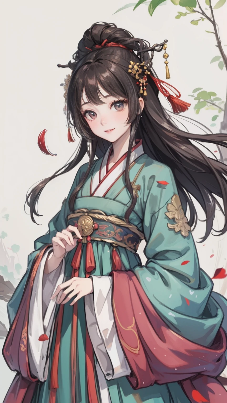 "the Extremely Detailed CG Unity 8K Wallpapers,tmasterpiece,Best picture quality,【😊Colored Forest,depth of fields,A large number of splashed droplets:1.2,petals,Toys surround,ventania,Foliage,grassy fields,volumettic light】brunette color hair,chineseidol,Be red in the face,Hanfu,ssmile,Half of your body is in water,Chinese style Hanfu,Air bangs,
