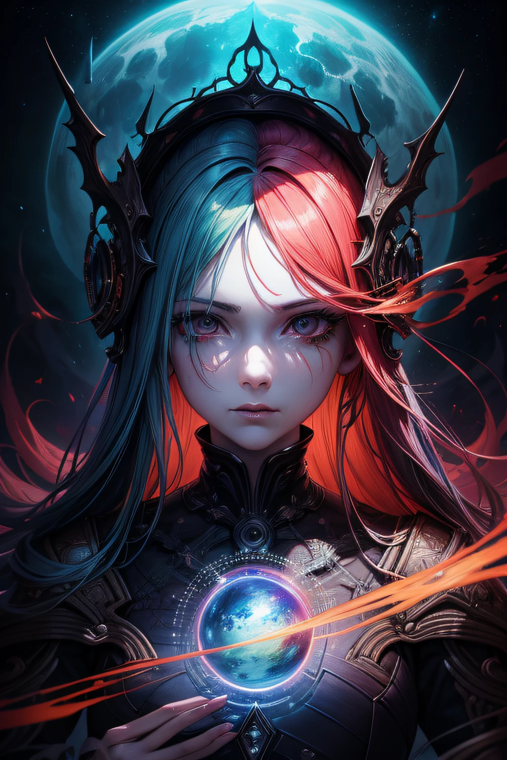 psychedelic, Horror, Bloody, Scary, Spooky, Fantasy space, Multiple planets, Fantasy Galaxy, 1girl in, full bodyesbian, Portrait, Beautiful, Rainbow Light, Magical, High quality, Neat face、nice nose,Nice mouth,sea of clouds、the morning sun、Red and yellow、Splash Art、Lightning,[(Art by Android Jones:1.2)]、ultra-detailliert、Beautifully Aesthetic、​masterpiece、top-quality、ighly detailed、Most Beautiful Form of Chaos、elegent、vivd colour、barroco、Complex pattern、dynamic ungle