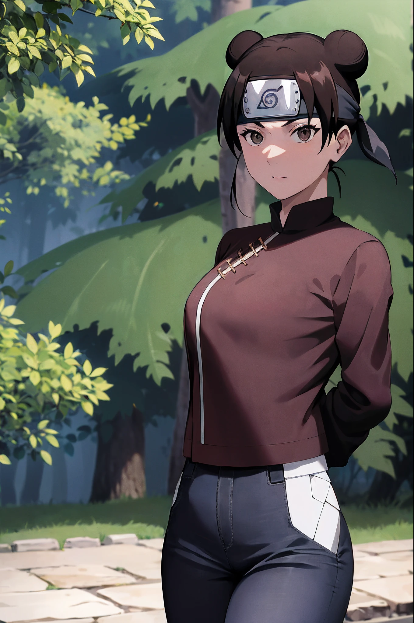 Meisterwerk, absurdres , (komplizierte Details), (Bunt),Filmische Beleuchtung,bust shot,extrem detailliertes CG Unity 8k Wallpaper,Zelte\(Shippuden\), 1girls, nur,skinny jeans,White, sehr enges Hemd, mid large breasts,Stirnschutz, Konohagakure-Symbol, Stirnband, Blick auf den Betrachter, al fresco, Bambuswald, Stirnrunzeln,arms behind back,stehend,ansicht von vorne