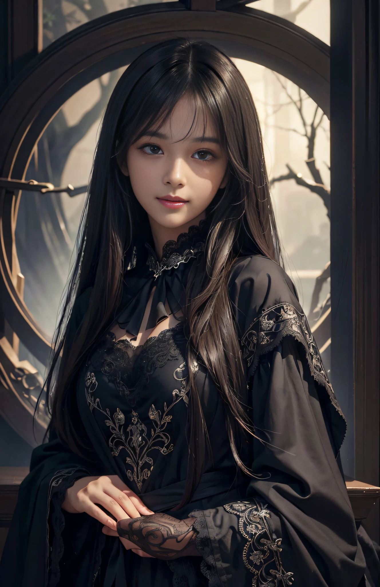 (Ultra Realistic), (Illustration), (Increased Resolution), (8K), (Extremely Detailed), (Best Illustration), (Beautiful and Detailed Eyes), (Best Quality), (Ultra Detailed), (Masterpiece ), ( wallpaper), (detailed face), solo, 1 girl, looking at viewer, fine details, detailed face, in the dark, deep shadows, low key, pureerosfaceace_v1, smiling, long hair, black shawl straight hair , 46 points oblique bangs