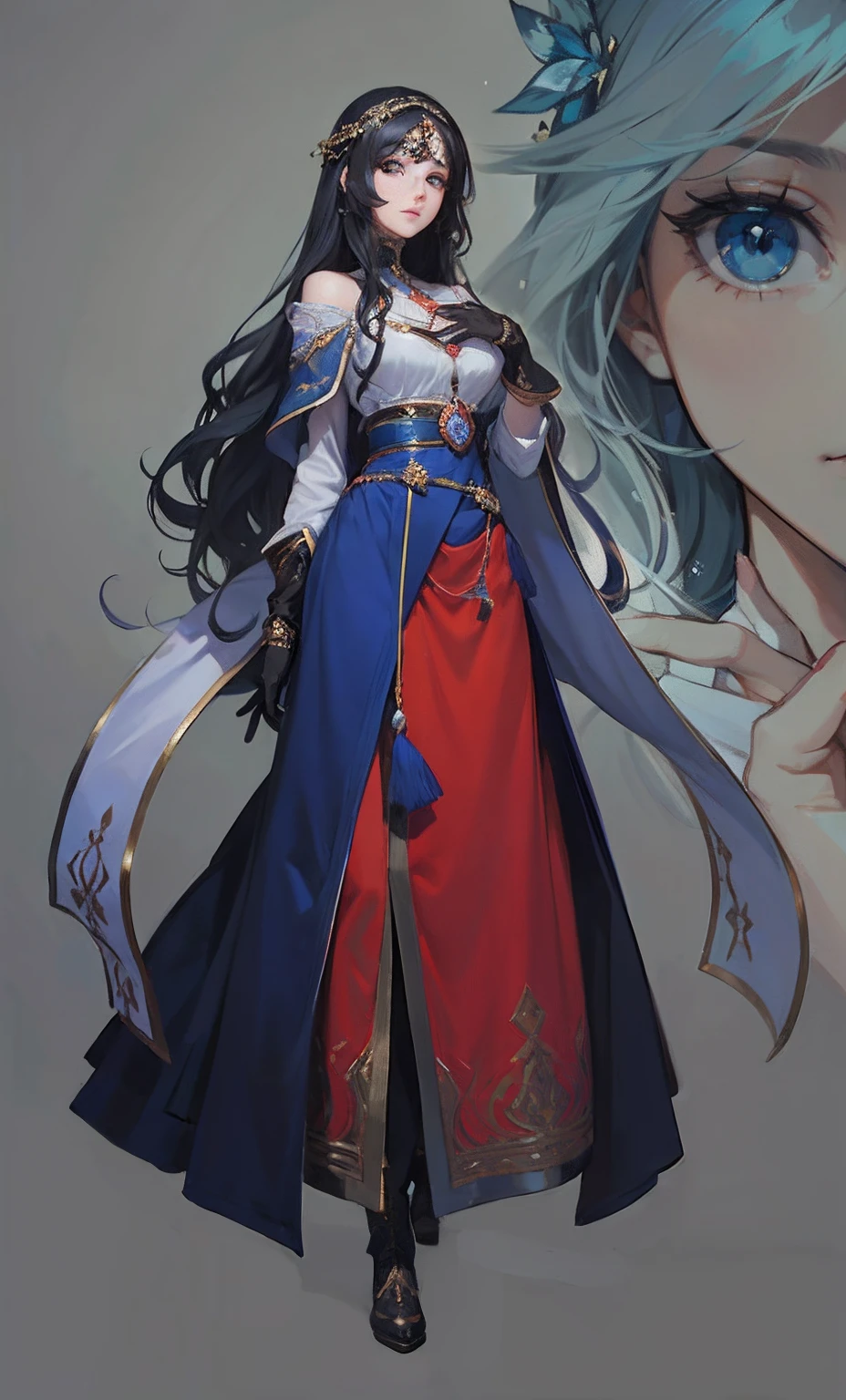 (detailed beautiful eyes and detailed face, masterpiece side light, masterpiece, best quality, detailed, high-resolution illustration) Arabian clothing female, long wavy deep blue hair, right hand in front of her waist, left hand close to her face, boot, black gloves, blank background