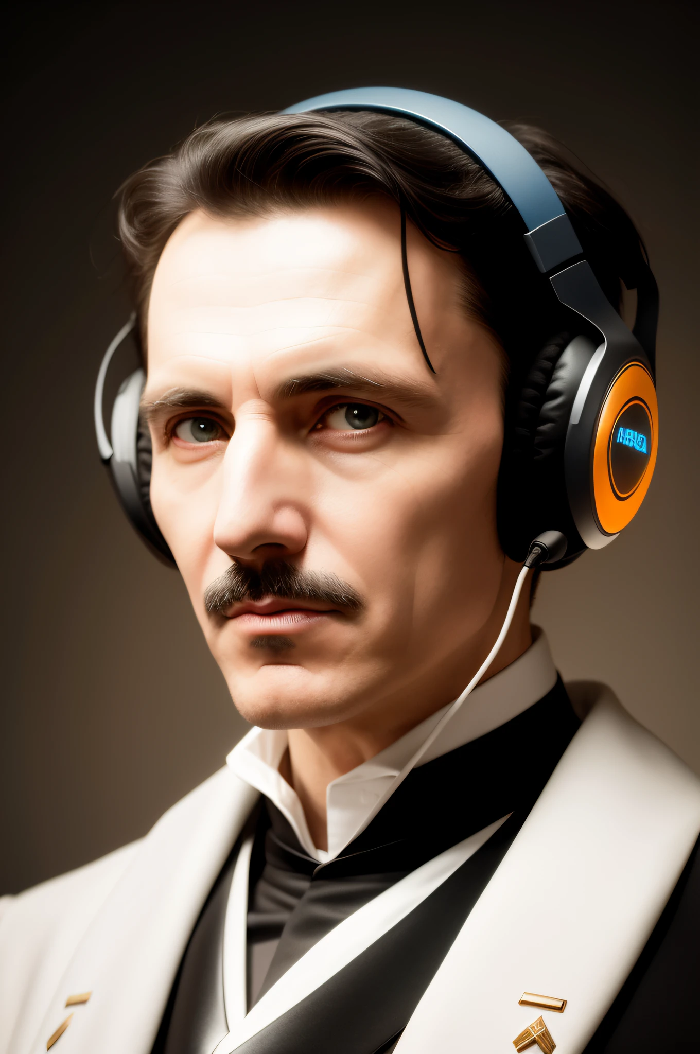 Nikola Tesla head wearing futuristic headphones with blue glow, Estilo Lo-Fi, olhos brilhantes, Do not cut off your head or headset