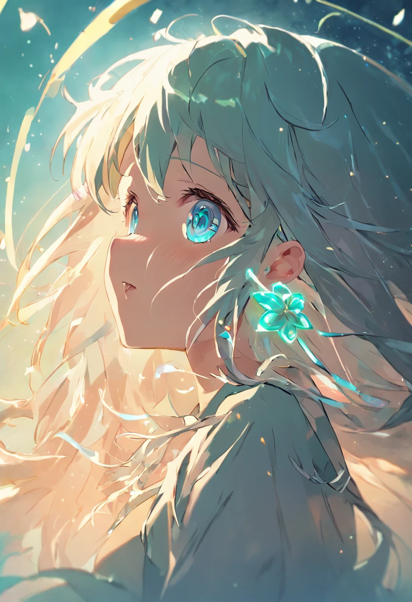 air between eyes, hairband, jewelry, clover hair ornament, mouth veil, aqua eyes, blush, anime, god rays, fisheye, lens flare, UHD