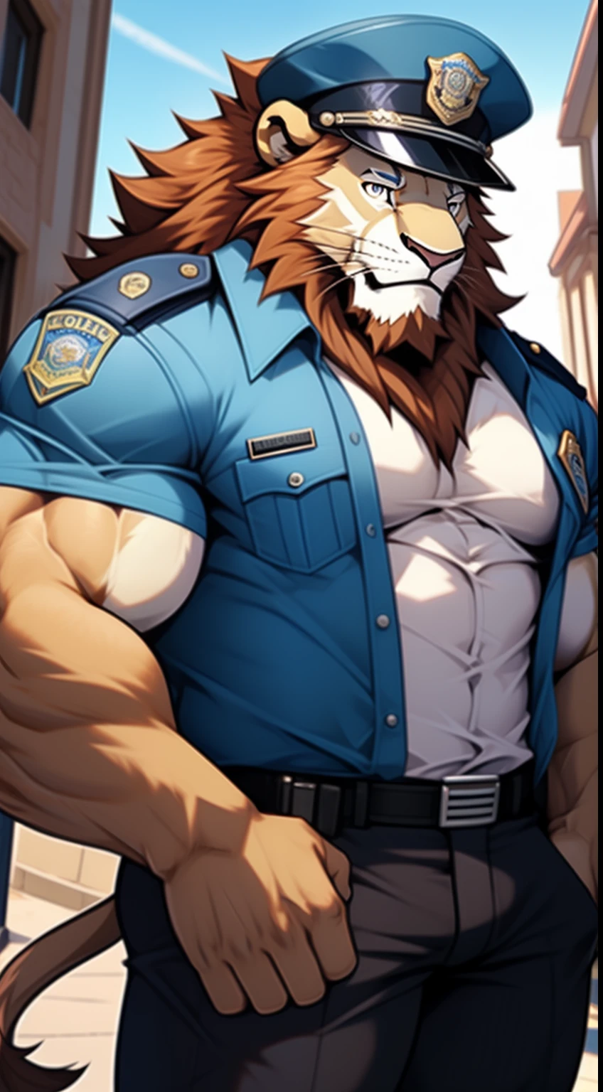 male people,lion,Anthropomorphic male lion,voluminous hair,Huge crotch bulge,vast pecs,Wide shoulders,Thick upper body,Bare pectoral muscles,County Security Officer,police hat,police uniforms,Open top,Indecent expressions,Coquettish pose,high detal,High picture quality,tmasterpiece,full bodyesbian,wide angles