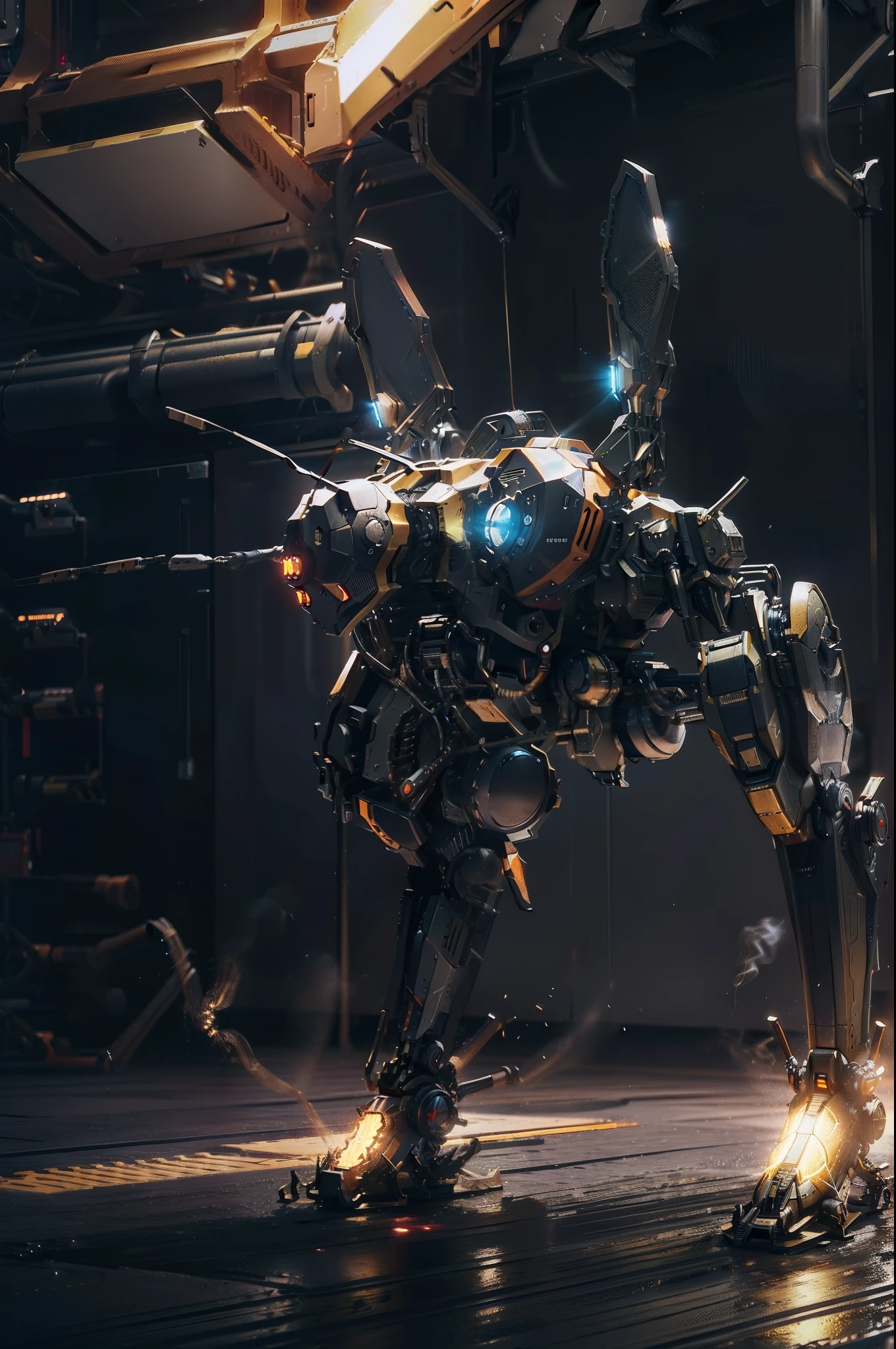 cybernetic insect. Six legs. Breaks out of the lab. There are sparks, Fire and smoke all around;. vibrant lights. sharp details. sharp edges, sci-fi technology, Technological flair, 8k render, bright light, reflections on floor.