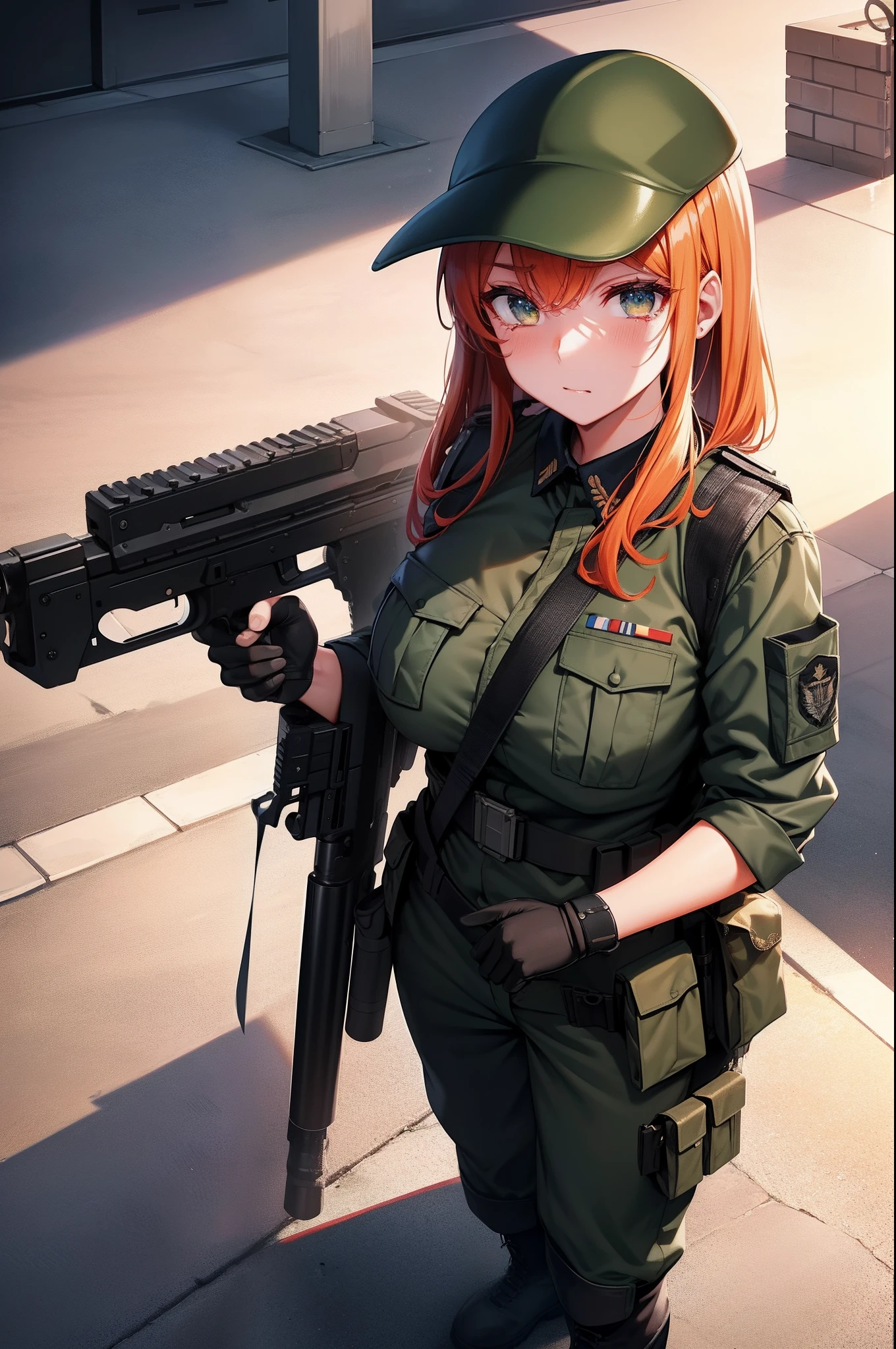 Anime girl militaire avec un patch 14/88 écrit en gros sur son gilet par balle , elle fait un salut romain et tient une arme avec écrit 88 en blanc dessus 