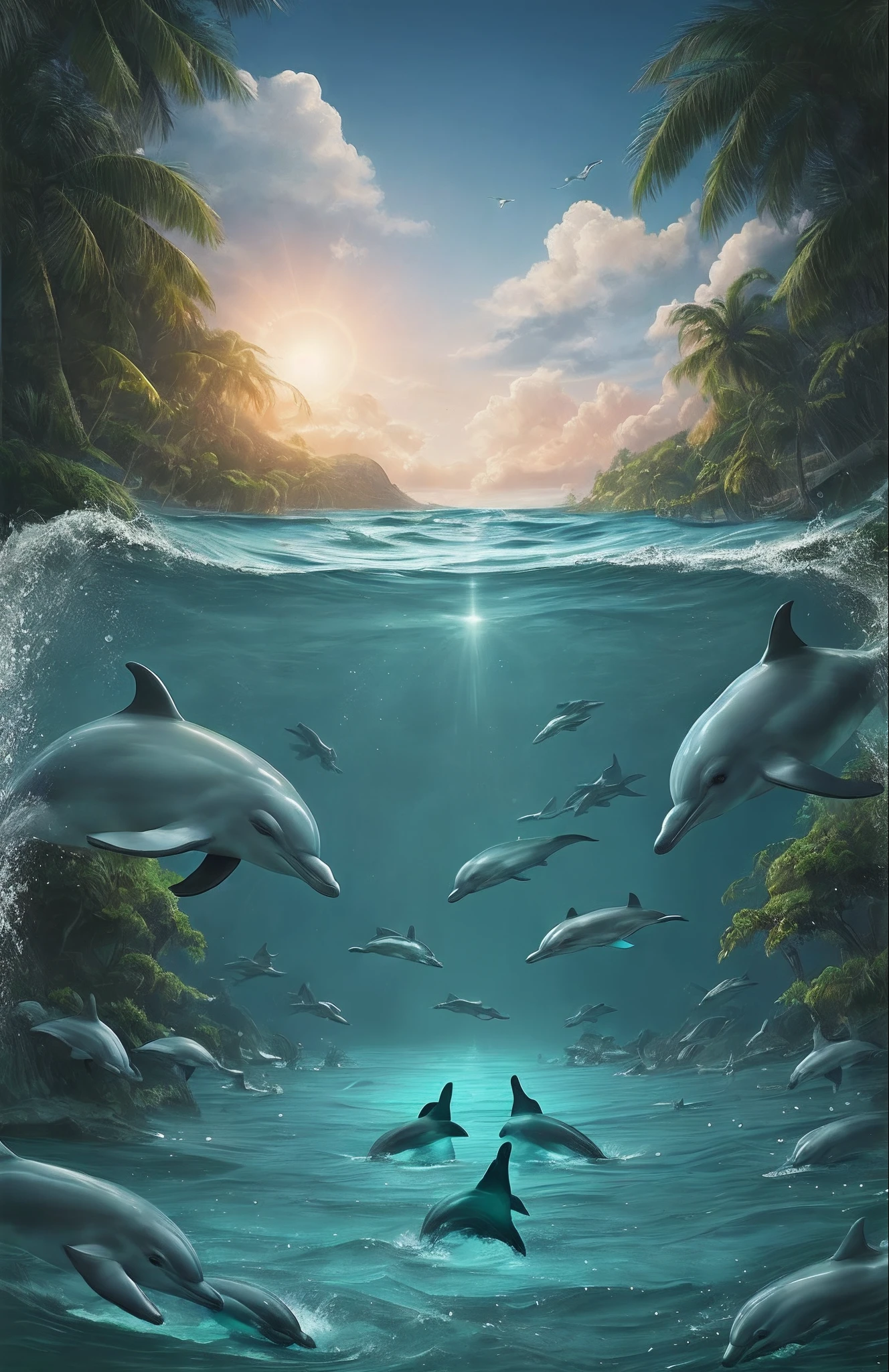 Epic movie poster、volcanic eruption、awardwinning(full bodyesbian:1.3)a portrait photo of(Moana:1.2)、(Seashell Bikini:1.2)、(Godess of Water:1.2)、tribal tattoos、(playing in the water:1.2)Pacific Ocean(Mare:1.1)、Arms behind your head、(Partially submerged shot:1.2)、(vague:0.9)、((Dolphins swimming in groups))、Tropical Fish、Desert Island Background、Palm trees、the beach、Fluffy clouds in the sky、Outrun、Vaporware、ArtStation Trends、 ighly detailed、finely detail、Convoluted、(lensflare:0.9)、(back lighting:0.9)、(Bloom:0.9)、 [Style-Micro::10]