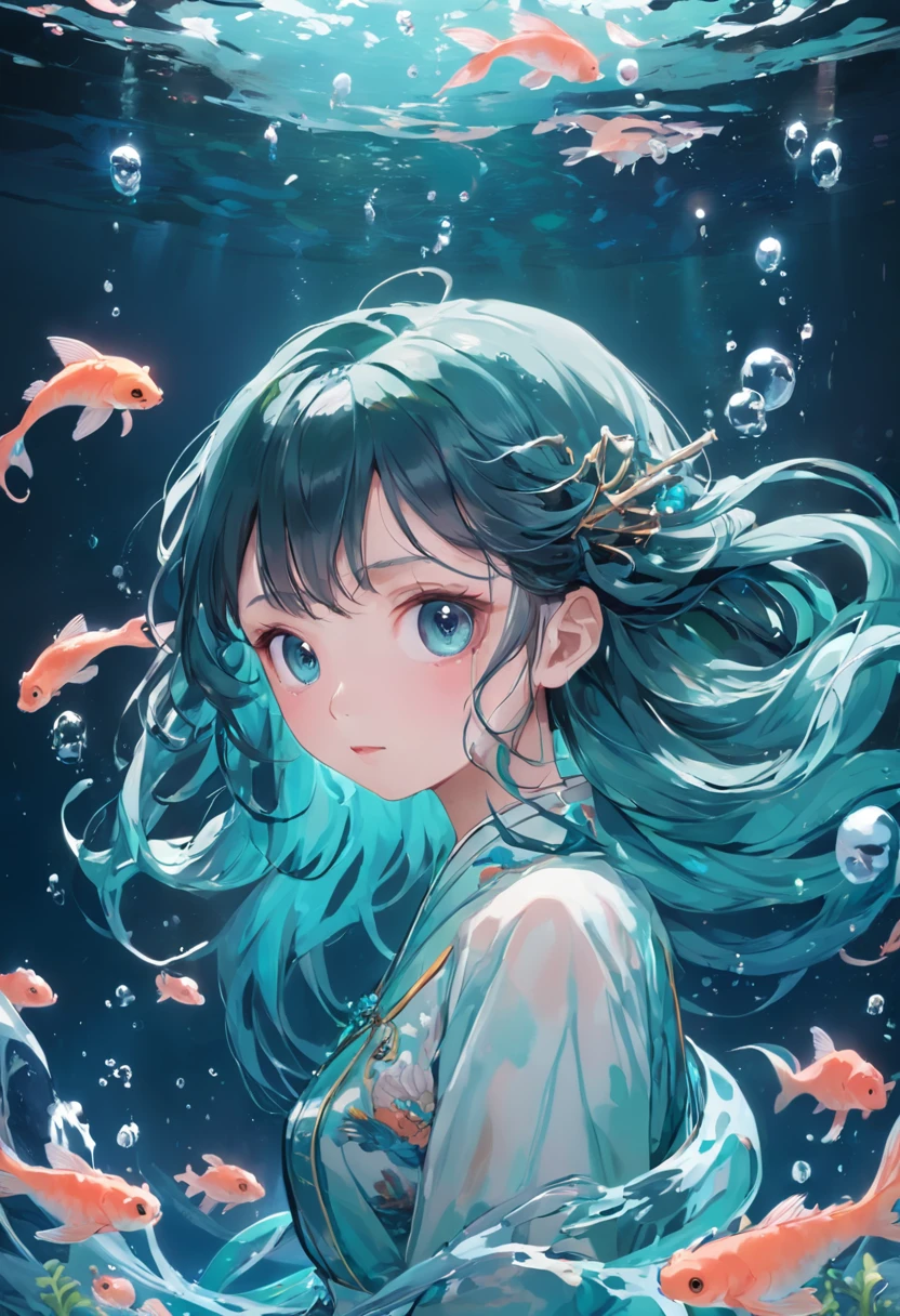((Masterpiece,Best quality)),(1girll, Solo:1.4),美丽细致的眼睛,floated hair,Under the water,Bubble fish,Fluorescence,Turtlen,sea weed,Water made up of girls,Gorgeous Chinese costumes,clean backdrop,National tide wind,clouds,wave,Eau,wave,Water Technique,1girll,Flying long hair,florals,An oriental dragon composed of water,Cyan and white,Works of masters,HighestQuali,high detal,8K