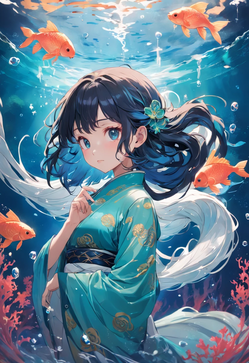 ((Masterpiece,Best quality)),(1girll, Solo:1.4),美丽细致的眼睛,floated hair,Under the water,Bubble fish,Fluorescence,Turtlen,sea weed,Water made up of girls,Gorgeous Chinese costumes,clean backdrop,National tide wind,clouds,wave,Eau,wave,Water Technique,1girll,Flying long hair,florals,An oriental dragon composed of water,Cyan and white,Works of masters,HighestQuali,high detal,8K