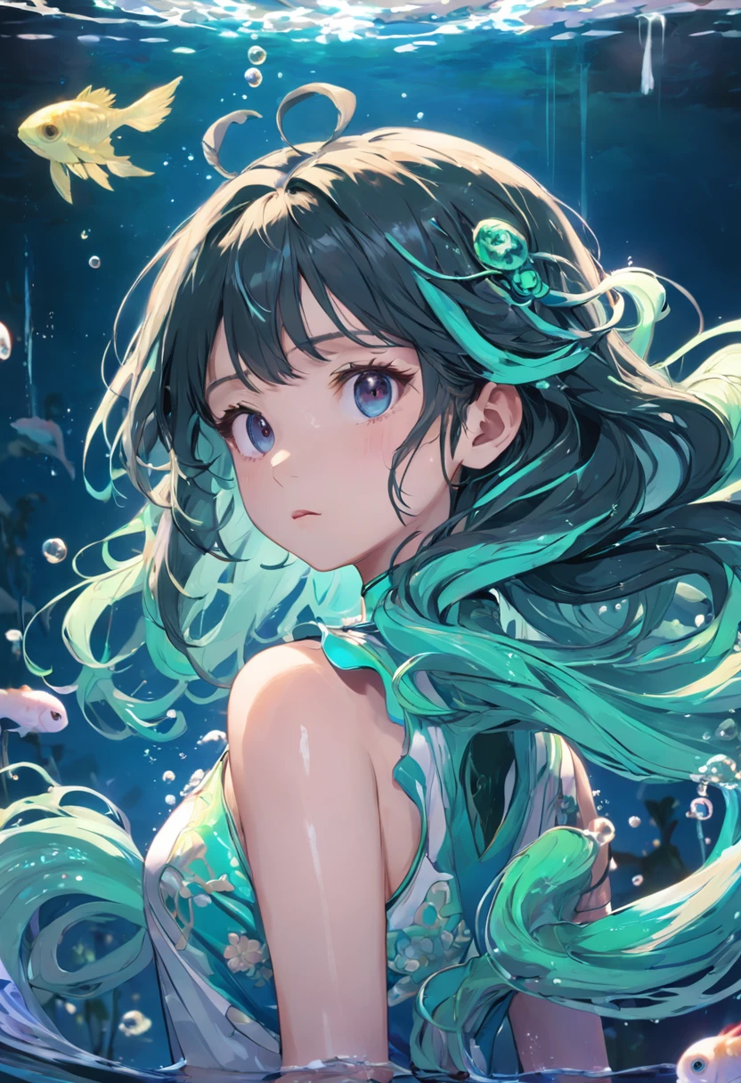 ((Masterpiece,Best quality)),(1girll, Solo:1.4),美丽细致的眼睛,floated hair,Under the water,Bubble fish,Fluorescence,Turtlen,sea weed,Water made up of girls,Gorgeous Chinese costumes,clean backdrop,National tide wind,clouds,wave,Eau,wave,Water Technique,1girll,Flying long hair,florals,An oriental dragon composed of water,Cyan and white,Works of masters,HighestQuali,high detal,8K