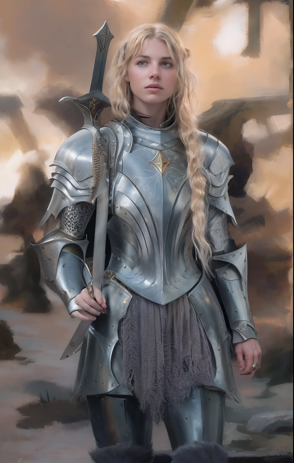 painting of a woman in a silver armor holding a sword, portrait of female paladin, elvish blonde male warrior, picture of female paladin, female paladin, female knight, fantasy paladin woman, of a beautiful female knight, portrait knight female, imogen poots as a d&d paladin, imogen poots as a paladin