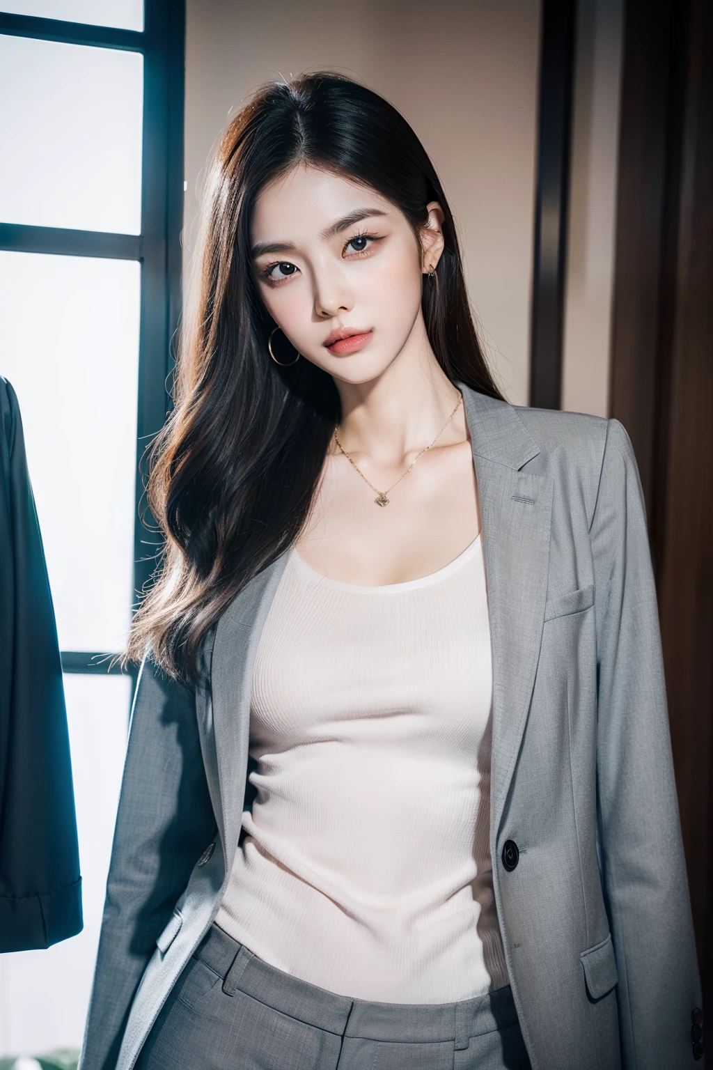 ulzang-6500-v1.1,(RAW photo:1.2), (Photorealistic:1.4), Beautiful Meticulous Girl, very detailed eyes and faces, Beautiful detailed eyes, absurderes, unbelievable Ridiculous, hugefilesize, ultra - detailed, A high resolution, The is very detailed，best qualtiy，tmasterpiece，kemomimi，((office lady uniform))，illustratio，The is very detailed，CG，unified，8k 壁纸，Amazing Cleavage，finely detailled，tmasterpiece，best qualtiy，The is very detailed的 CG unified 8k 壁纸，light in face，cinmatic lighting, 1girll, 16 years old,((pantyless))，(wears glasses)，(((dynamicposes)))，(Camel toes)，(A half body)，((Pantyhose))，((Sit with your knees folded))1 rapariga、（(Beautiful girl lying in classroom)）、long leges、((spread their legs))、（(A smile)）、moderately sized breasts,、(8K、RAW photography、top-quality、tmasterpiece:1.2)、(hentail realism、photoRealstic:1.37)、Student clothes、（(Girl in white blazer、Open before the uniform)),　Badge on the chest、、flare skirt，Narrow check,Light chestnut long straight hair,,（skyscrapers outside window）、Wearing glasses,((panties are visible)),kneeling down，Drenched Body