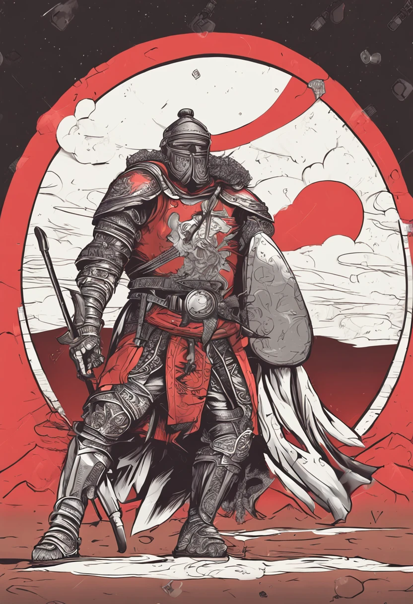 Medieval armor, Shield on the back, A bayonet in the hand, Red sunset background, Four Moons, The legs are long, Long clouds, Horn helmet, The burly man, Big guy, Wang Fist