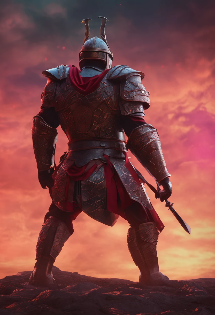 Medieval armor, Shield on the back, A bayonet in the hand, Red sunset background, Four Moons, The legs are long, Long clouds, Horn helmet, The burly man, Big guy, Wang Fist