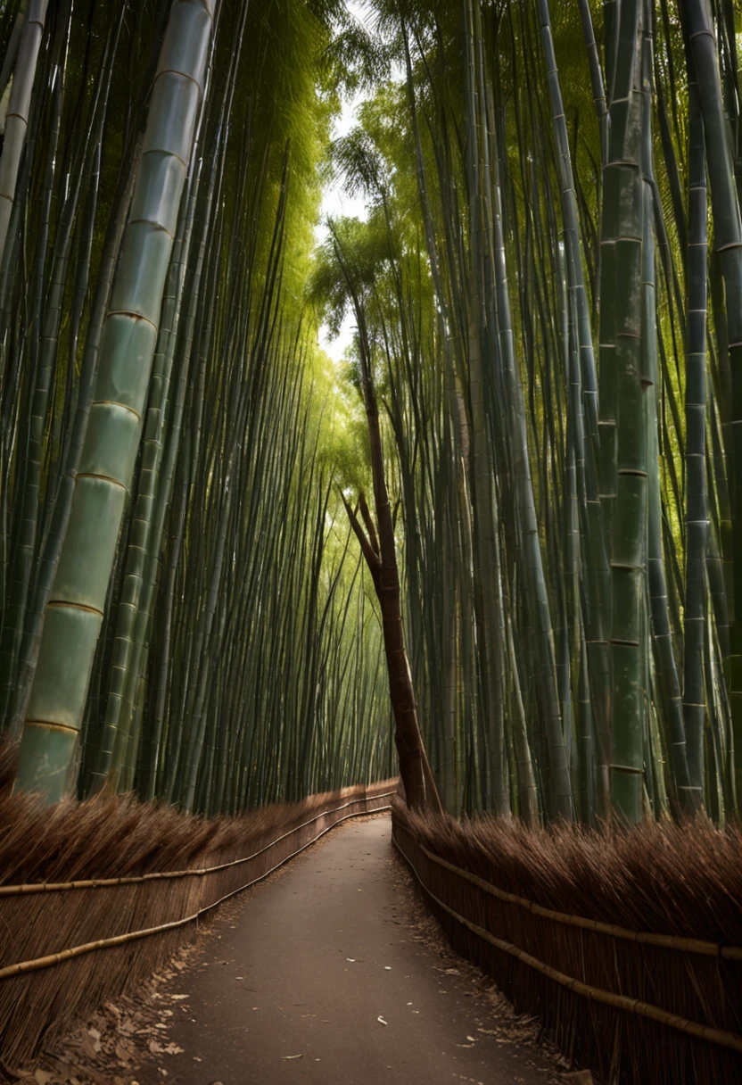 bamboo forrest,Lodge,The back of the knight's back knife,wide shot,god rays, UHD,Cinematic lighting effects,Tyndall Light,Rich in color.