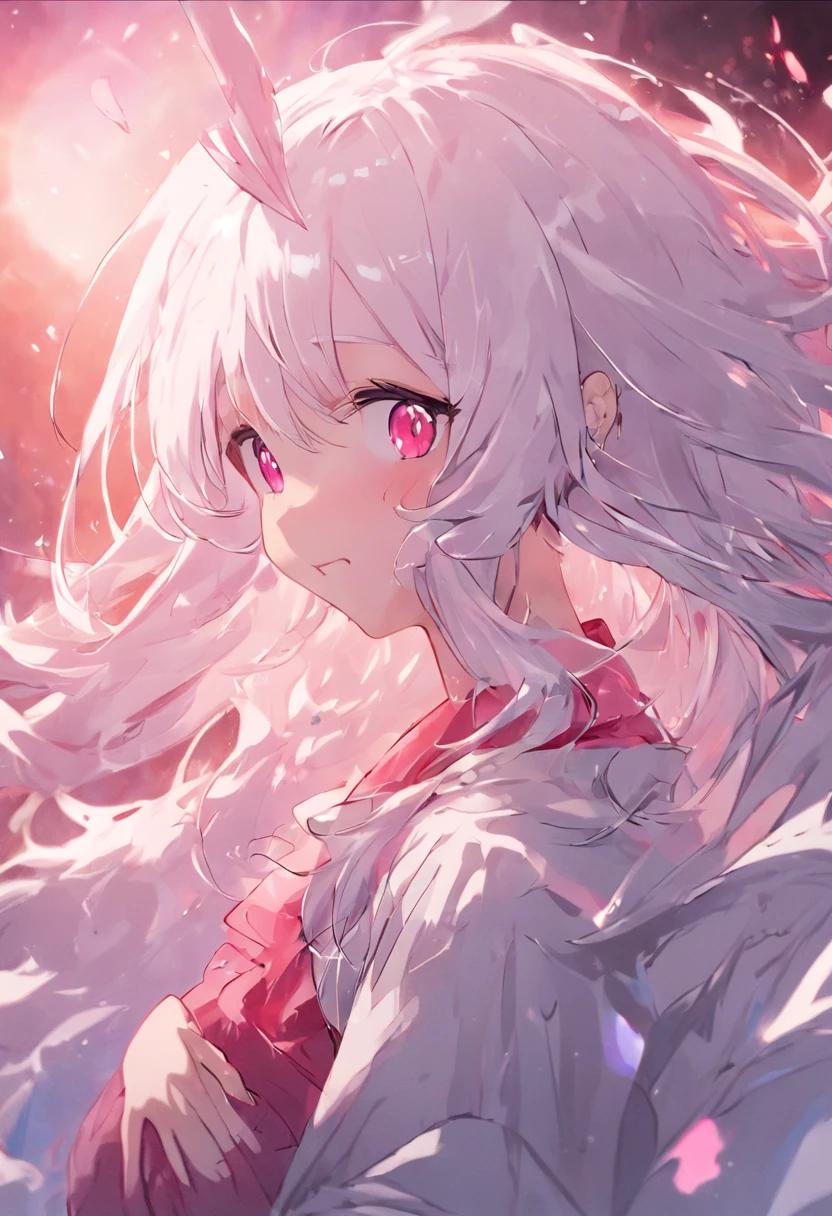 white color hair,Pink eyes,animemanga girl,fantasy atmosphere,pointy ears,ssmile,huge tit