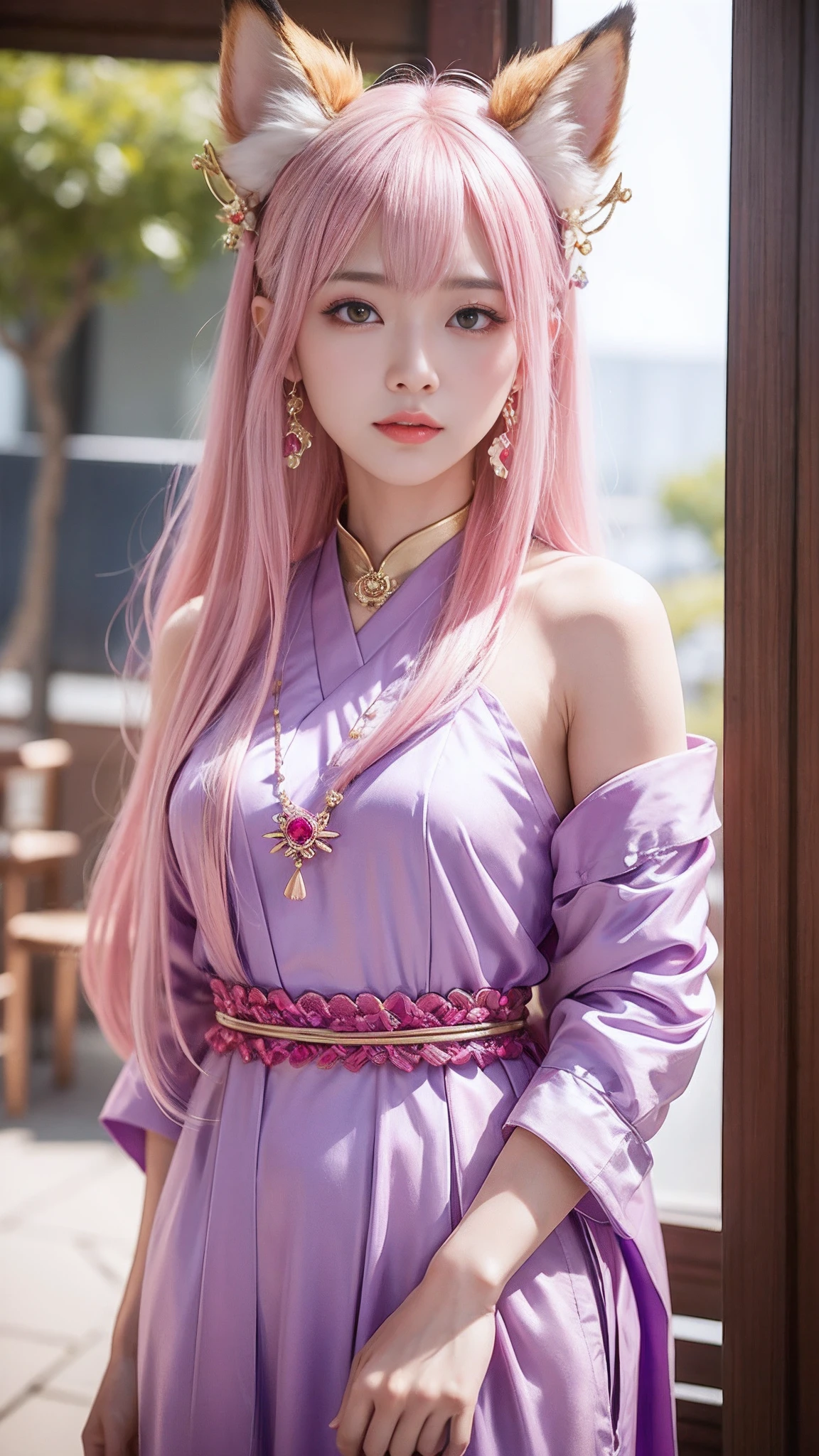 (8K, top-quality, masterpiece:1.2), (realistic, photorealistic:1.37), (super detail), (one girl), (highly detailed), (beautifully detailed eyes), (of the highest quality), (super detailed), (masterpiece), (detailed face), (20yr old), (pink hair, long hair:1.5), (medium breasts), (clothed), (perfect lighting), BREAK, (vivid colors:1.2), (glossy texture:1.3), (emerald green velvet blazer:1.5), (magenta chiffon camisole:1.4), (green chiffon blouse:1.4), (flowing skirt:1.3), (accentuated waistline:1.2), (crystal embellishments:1.3), (sheer socks:1.2), (strappy high heels:1.3), (gold jewelry with vivid gemstones:1.5), BREAK, (upper body to knees), (pink long hair flowing in the breeze:1.5), (gentle smile), (one hand lifting skirt slightly, other hand as if touching the lake surface), (lakeside with blooming rapeseed flowers and tulips, mountains in the distance), (soft spring sunlight highlighting the glossy texture of the outfit)