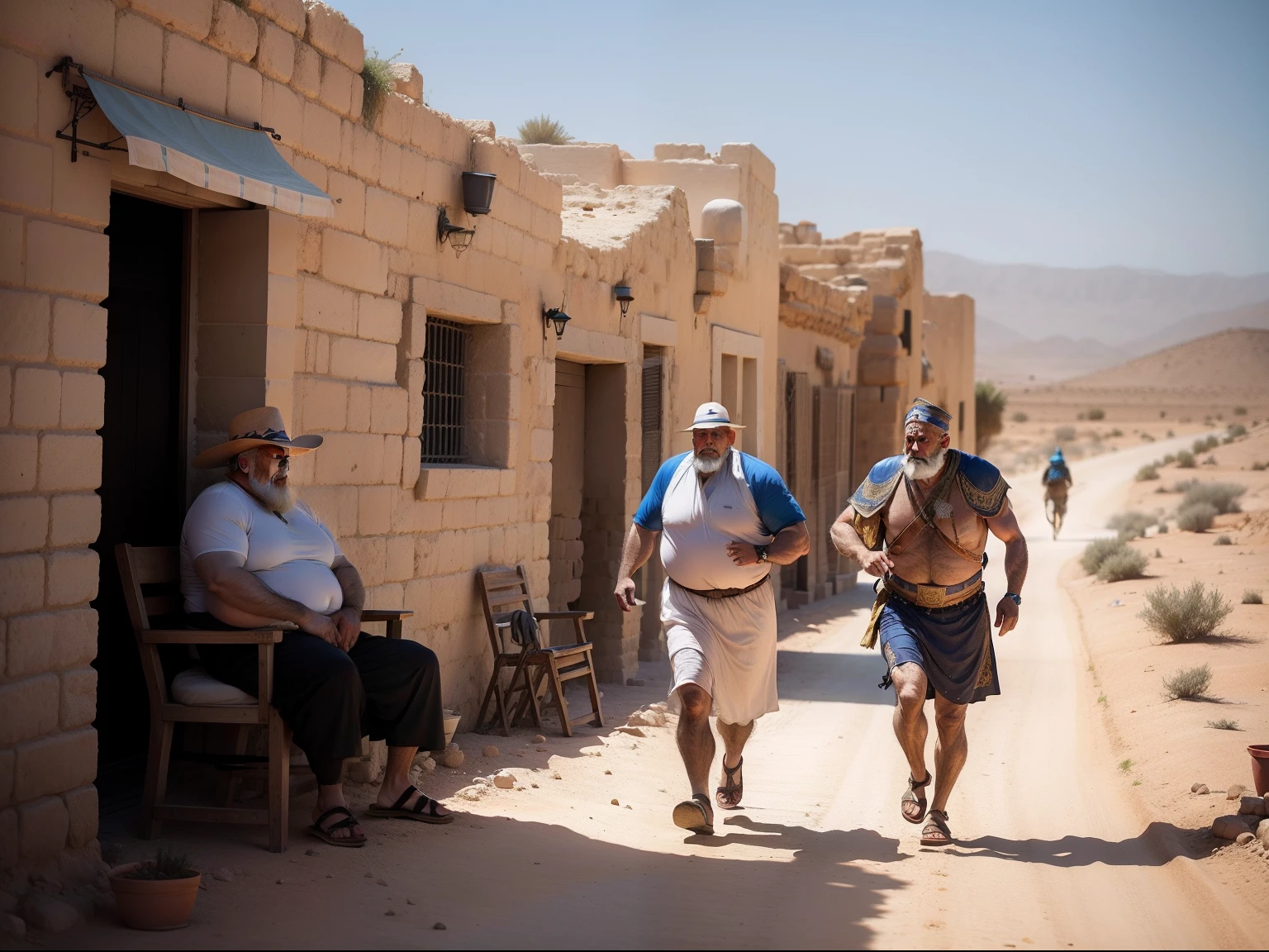 Um homem com roupas antigas de Israel, Warrior costumes running towards an ancient city of Israel in a desert and mountainous area and other fat, Old man in the clothes of an ancient elder sitting in a chair on the terrace of an ancient city of Israel