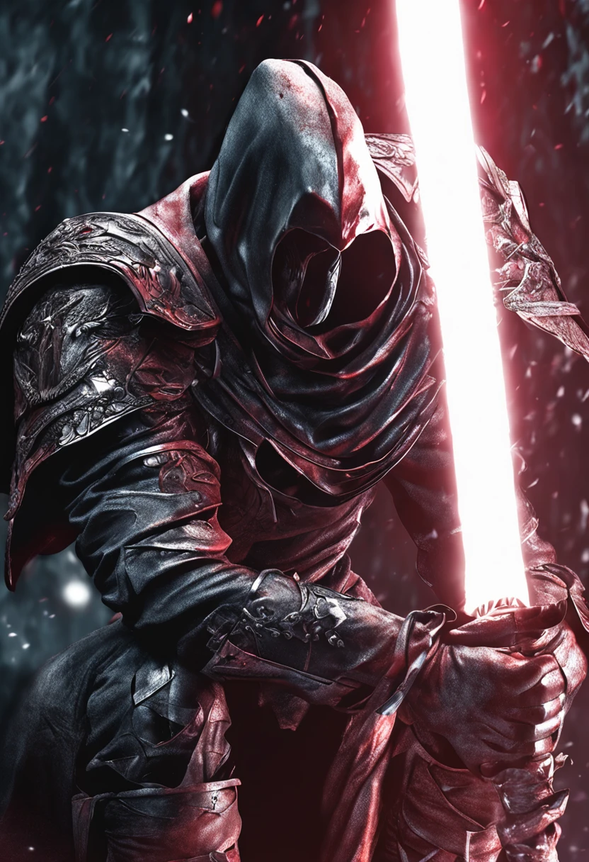 Realistic, 4k, dark Anjo negro com asas grandes, roupas pretas, uma espada, Head hood on war background image (caos)