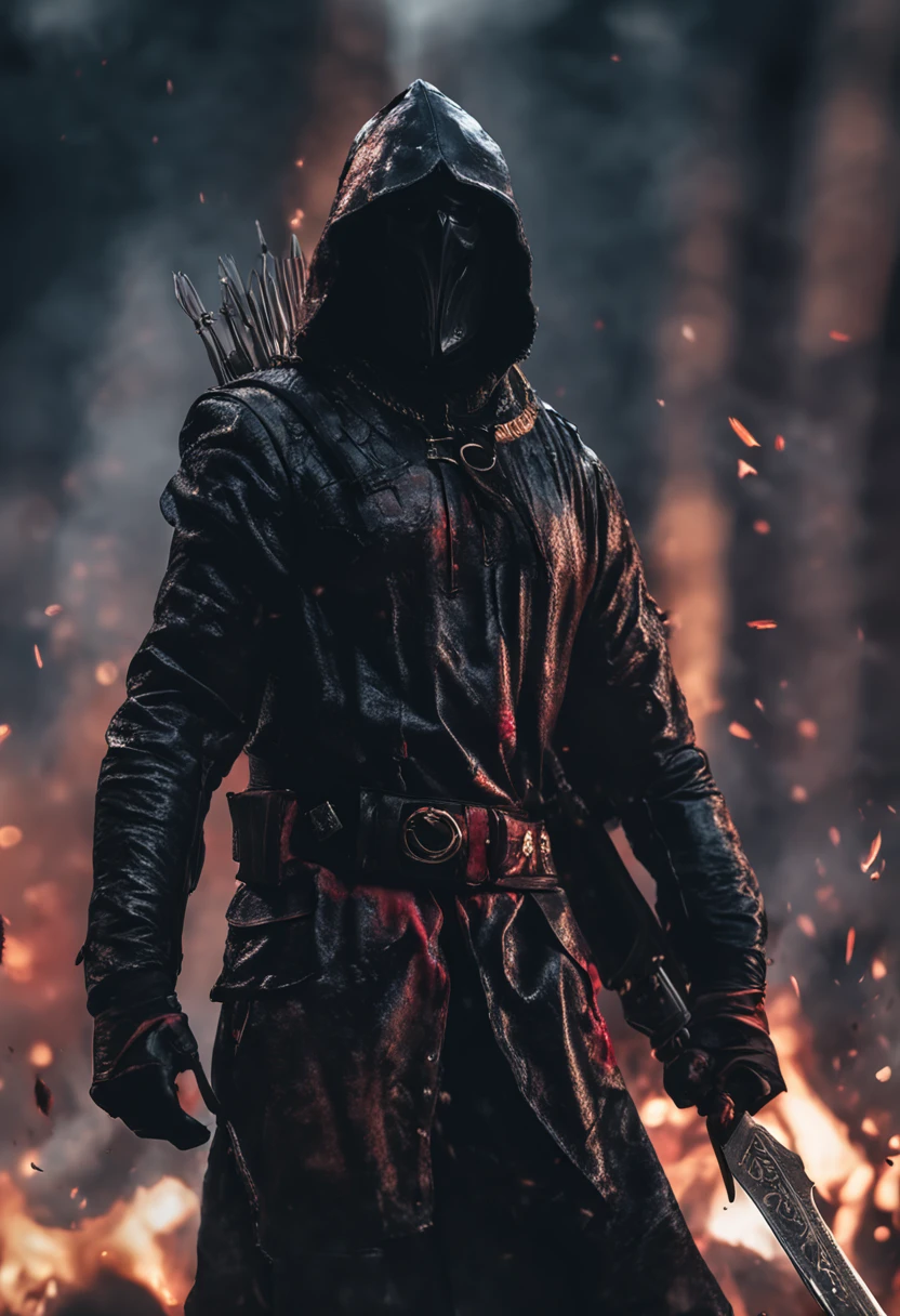 Realistic, 4k, dark Anjo negro com asas grandes, roupas pretas, uma espada, Head hood on war background image (caos)