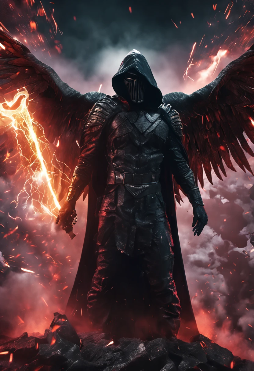 Realistic, 4k,  dark Anjo  ????? com asas grandes, roupas pretas, uma espada, Head hood on war background image (caos)