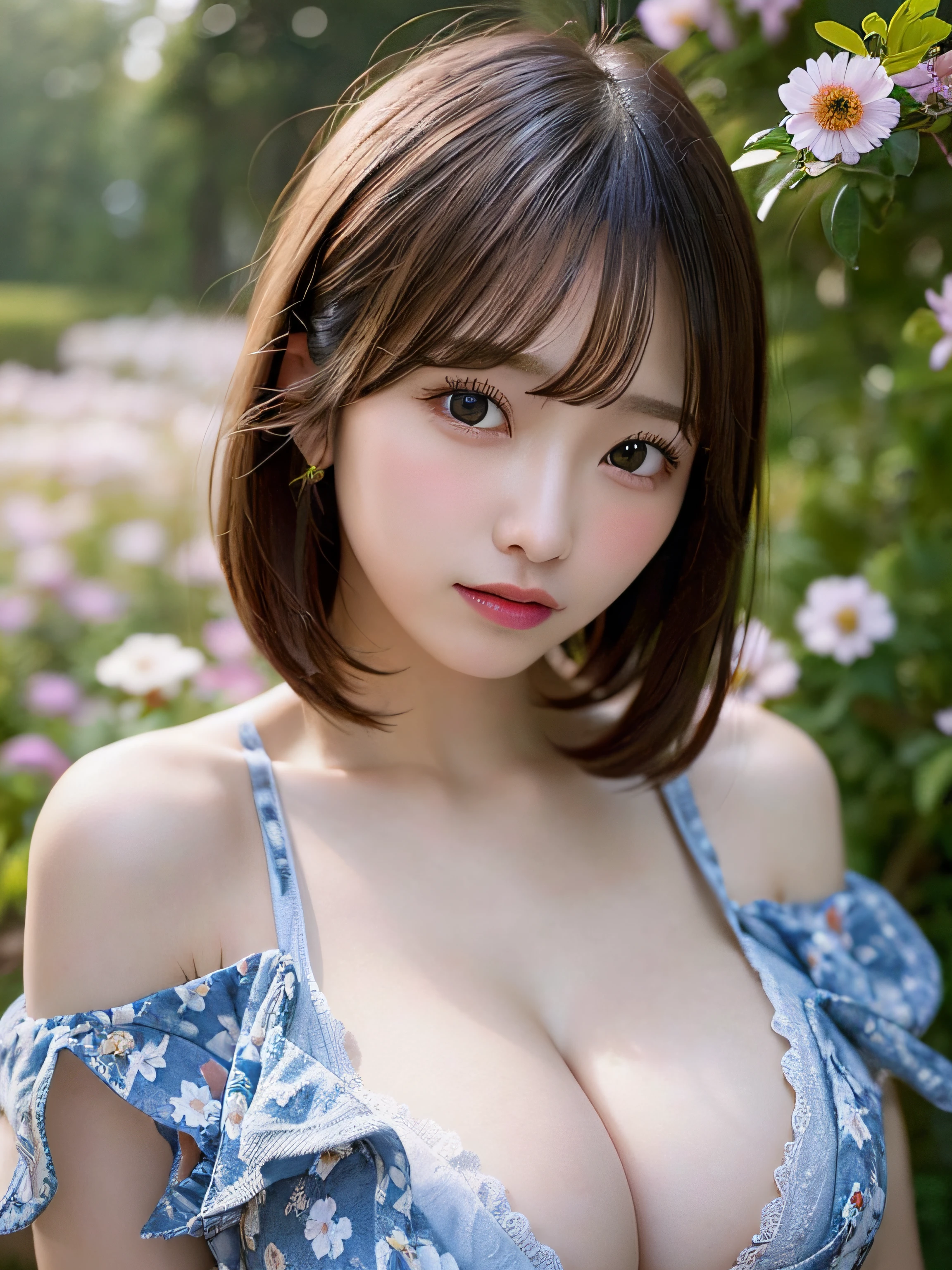 Near and far law ,超A high resolution ,(photographrealistic: 1.3) ,kawaii ,cleavage of the breast ,tits out:1.1 ,florals ,Detailed face ,bob cuts ,(((Asymmetry))) ,(((Cowboy Shot))),