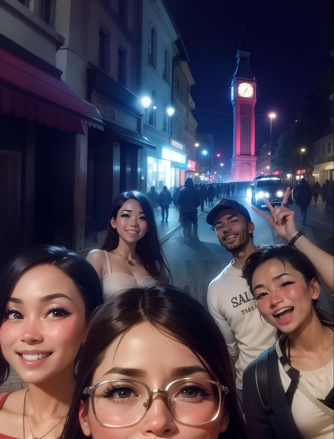 Happy group photo at clock tower background