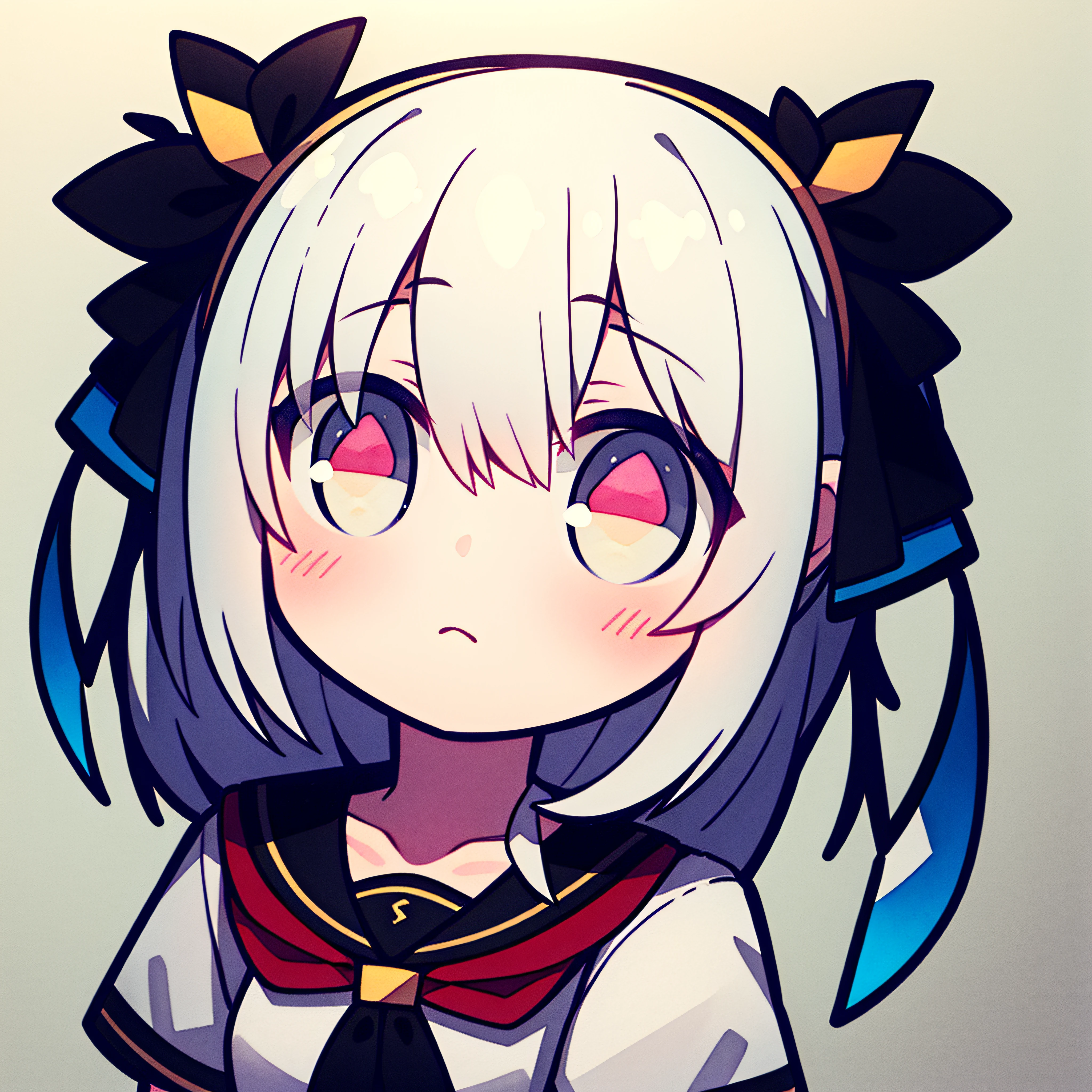 fish on the head, solo, 1 girl, looking at viewer, upright, concept art, white background, simple background, white hair, gradient hair, short sleeves, watercolor pencil, expressionless, blush, virtual youtuber