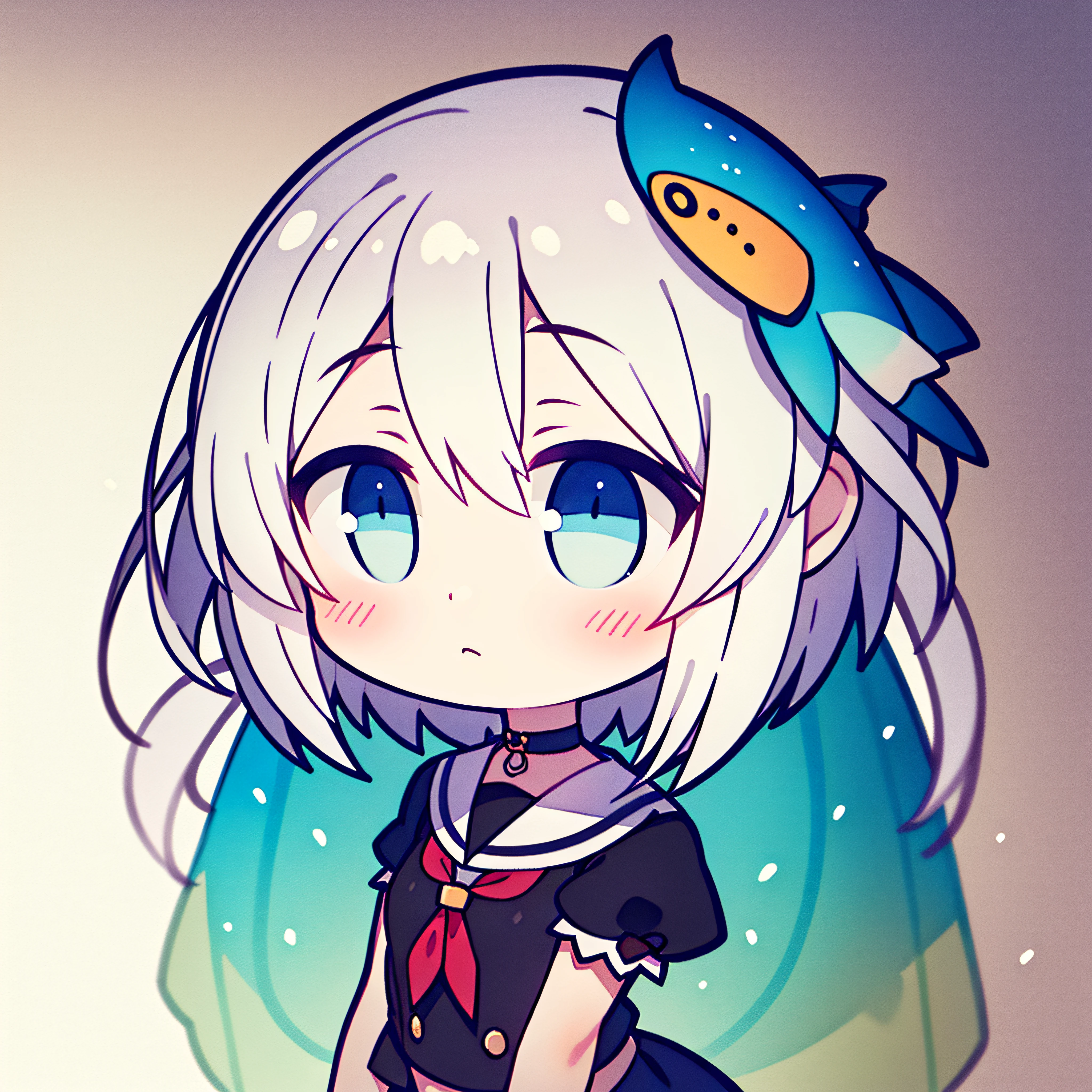 fish on the head, solo, 1 girl, looking at viewer, upright, concept art, white background, simple background, white hair, gradient hair, short sleeves, watercolor pencil, expressionless, blush, virtual youtuber