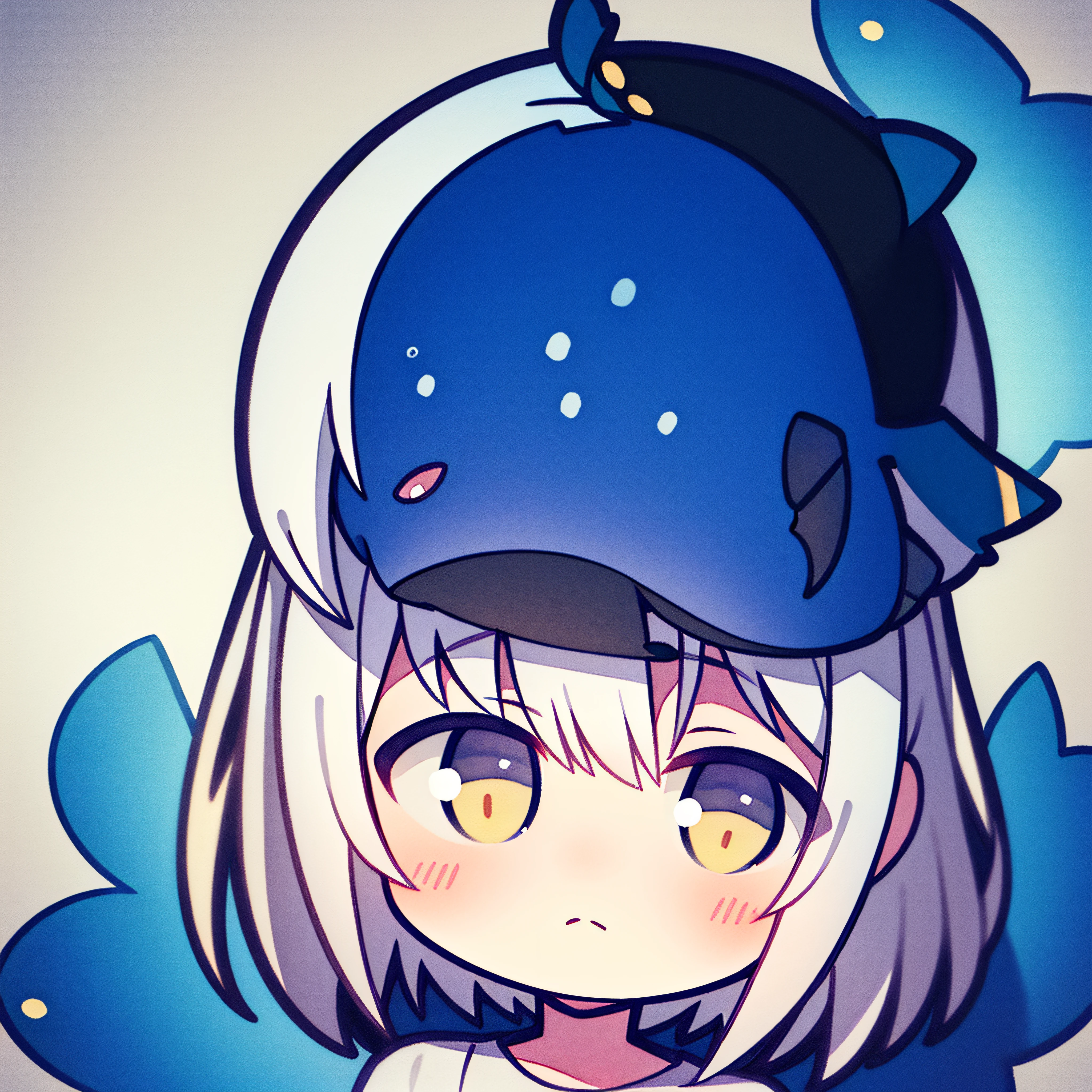 fish on the head, solo, 1 girl, looking at viewer, upright, concept art, white background, simple background, white hair, gradient hair, short sleeves, watercolor pencil, expressionless, blush, virtual youtuber