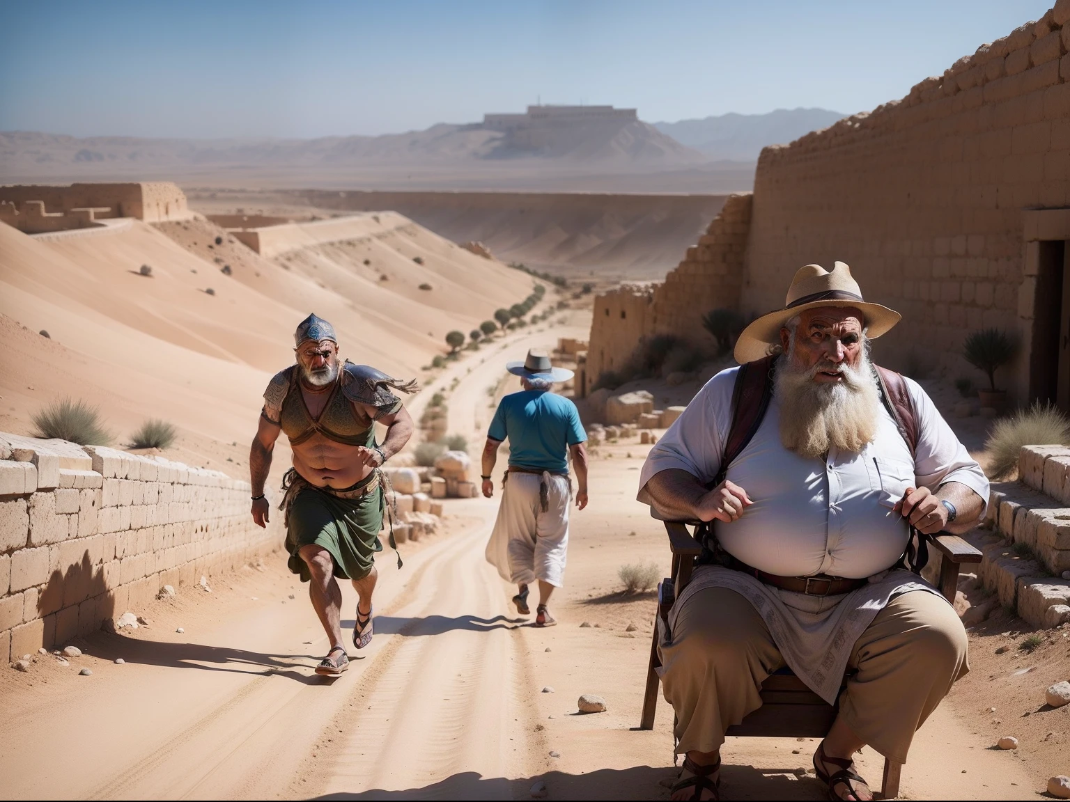 Um homem com roupas antigas de Israel, Warrior costumes running towards an ancient city of Israel in a desert and mountainous area and other fat, Old man in the clothes of an ancient elder sitting in a chair on the terrace of an ancient city of Israel