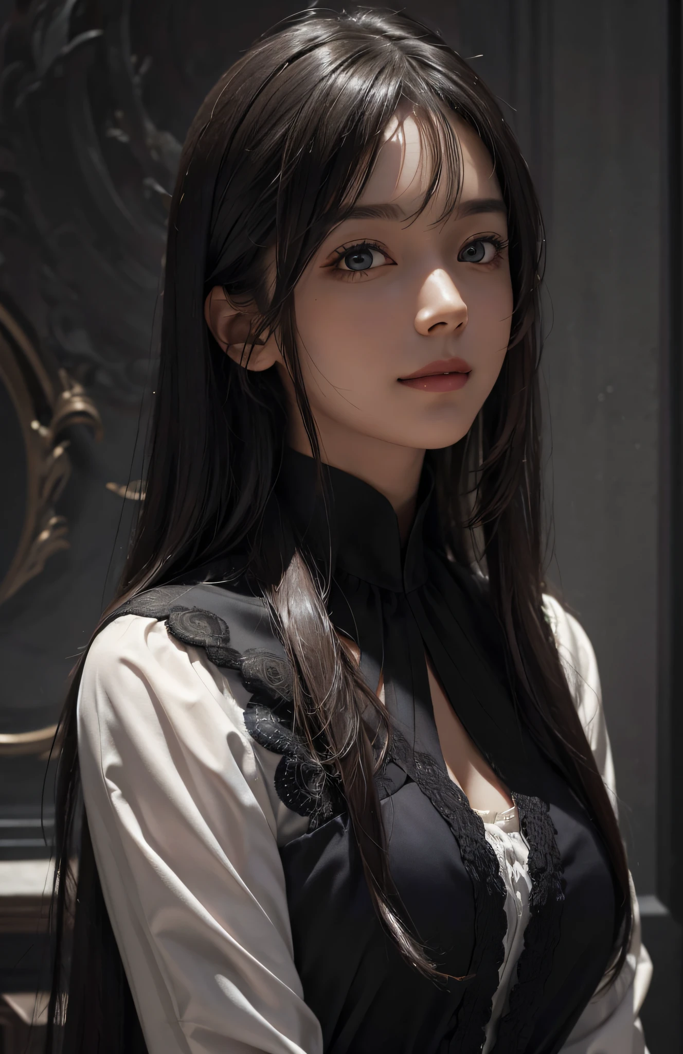 (Ultra Realistic), (Illustration), (Increased Resolution), (8K), (Extremely Detailed), (Best Illustration), (Beautiful and Detailed Eyes), (Best Quality), (Ultra Detailed), (Masterpiece ), ( wallpaper), (detailed face), solo, 1 girl, looking at viewer, fine details, detailed face, in the dark, deep shadows, low key, pureerosfaceace_v1, smiling, long hair, black shawl straight hair , 46 points oblique bangs