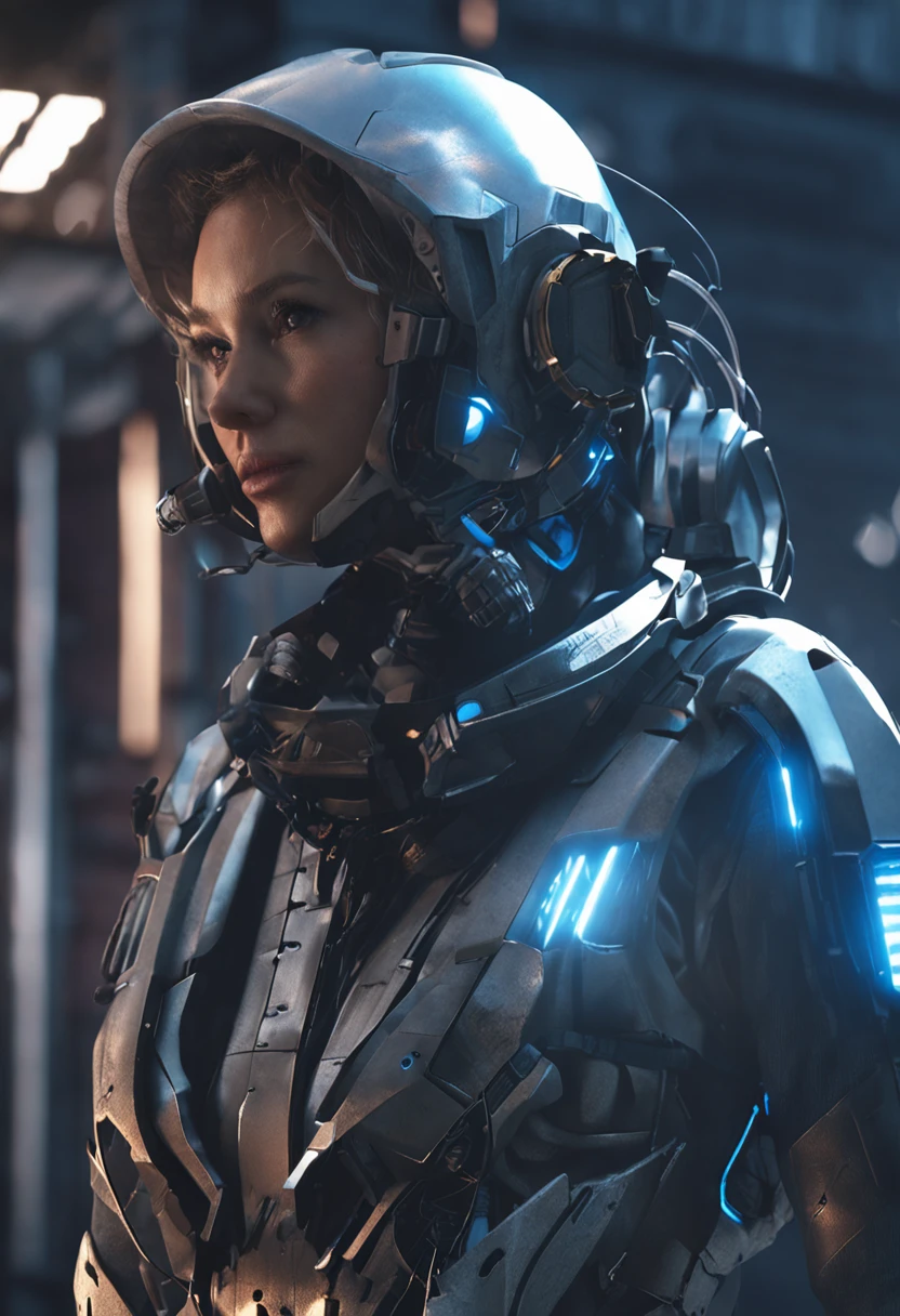 Futuristic girl,Realistis,tmasterpiece,best qualtiy,realisticlying,Thick body,white straitjacket,Battle uniforms,Blue light on armor,Headgear battle,dynamicposes,The end of the world,Destroyed city background,scientific fiction,HDR,Ray traching,Hyper-Resolution,Unreal 5,sub surface scattering,Post-processing,Cyberpunk art of a,cyberpunk building,Reflectors,Sharp focus,depth of fields,Maximum clarity and sharpness,8K original,3D,cinmatic lighting,lens flare glow。
