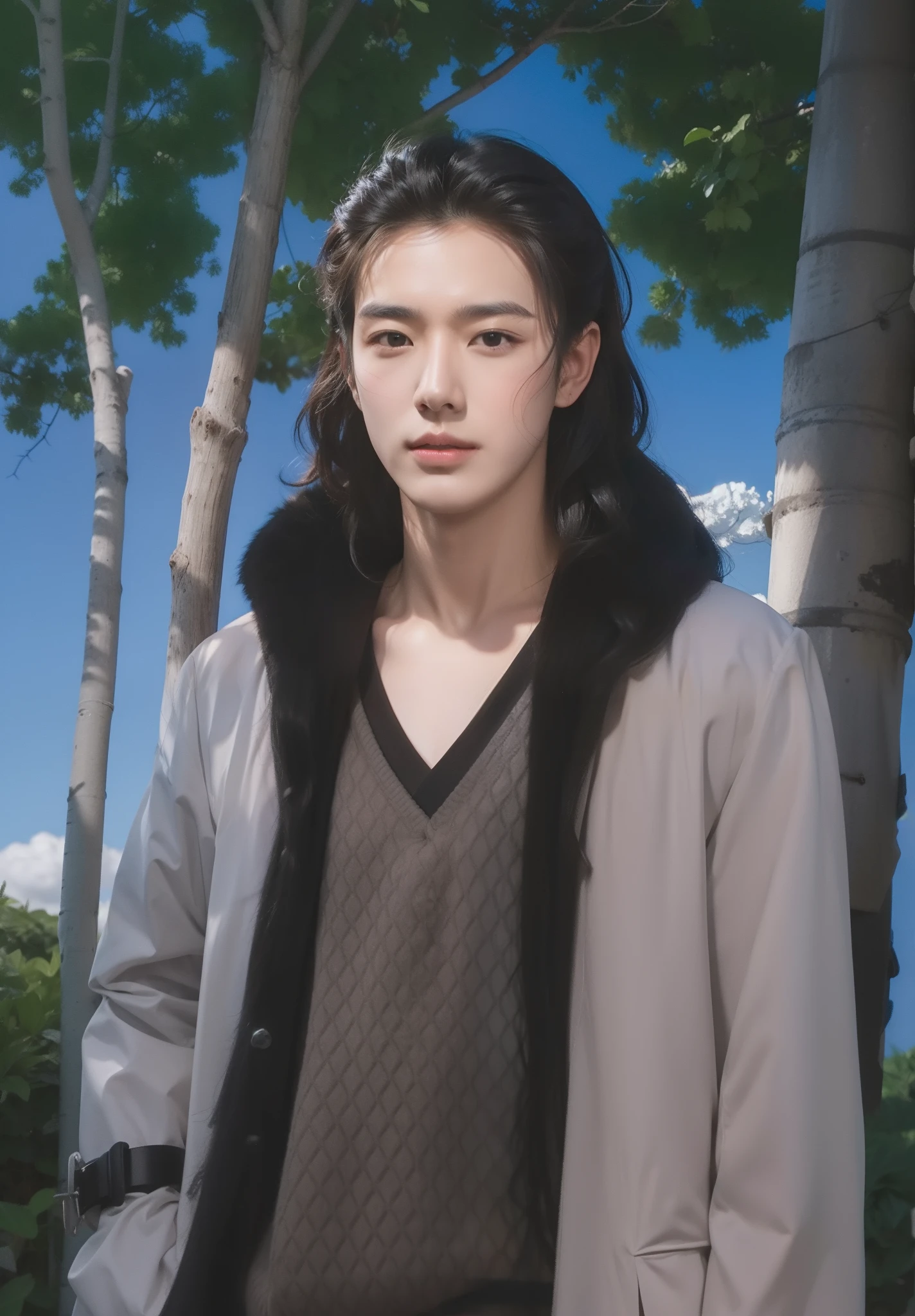 Real life adaption of this character,realistic detail long Curly hair,Realistic coat with fluffy collar,Korean handsome face,realistic light,realistic shadow,realistic background,hyper realistic,(photorealistic:1.2)
