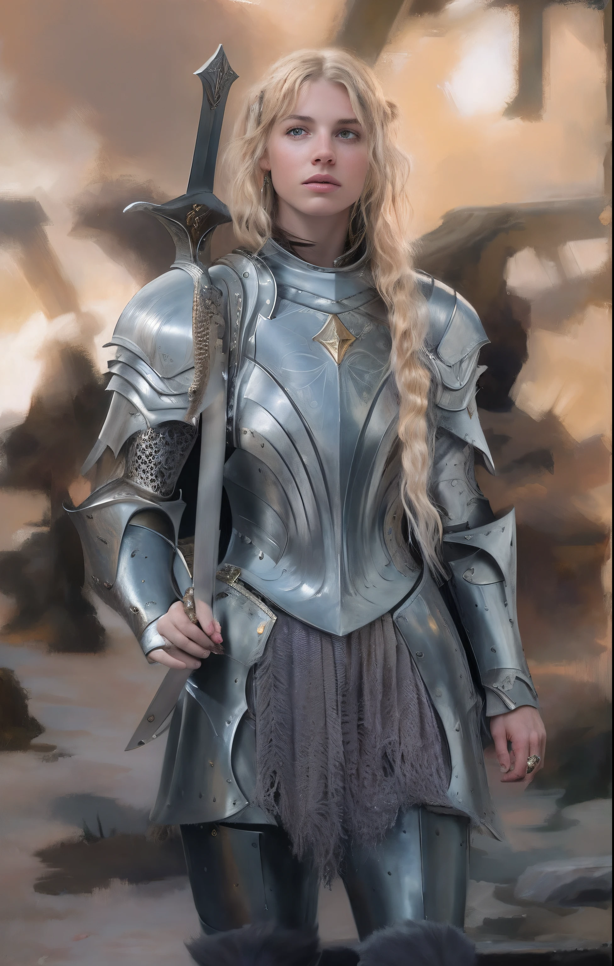 painting of a woman in a silver armor holding a sword, portrait of female paladin, elvish blonde male warrior, picture of female paladin, female paladin, female knight, fantasy paladin woman, of a beautiful female knight, portrait knight female, imogen poots as a d&d paladin, imogen poots as a paladin