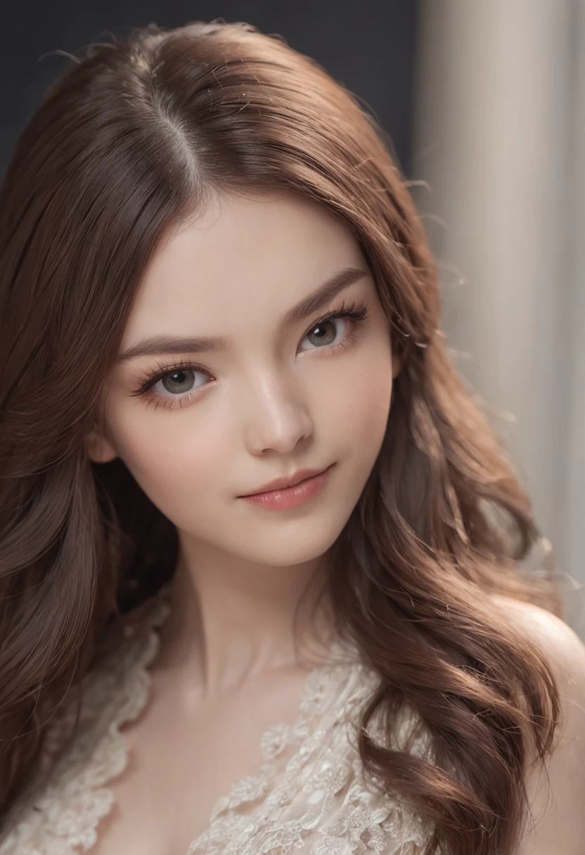 brunette color hair、long eyelasher、Solid round eyes、Light smile、fang、stereograms、super detailing、precise、best qualtiy、Real human images