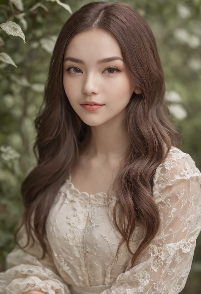 brunette color hair、long eyelasher、Solid round eyes、Light smile、fang、stereograms、super detailing、precise、best qualtiy、Real human images