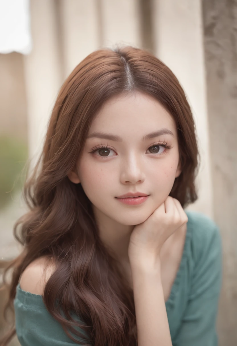 brunette color hair、long eyelasher、Solid round eyes、Light smile、fang、stereograms、super detailing、precise、best qualtiy、Real human images
